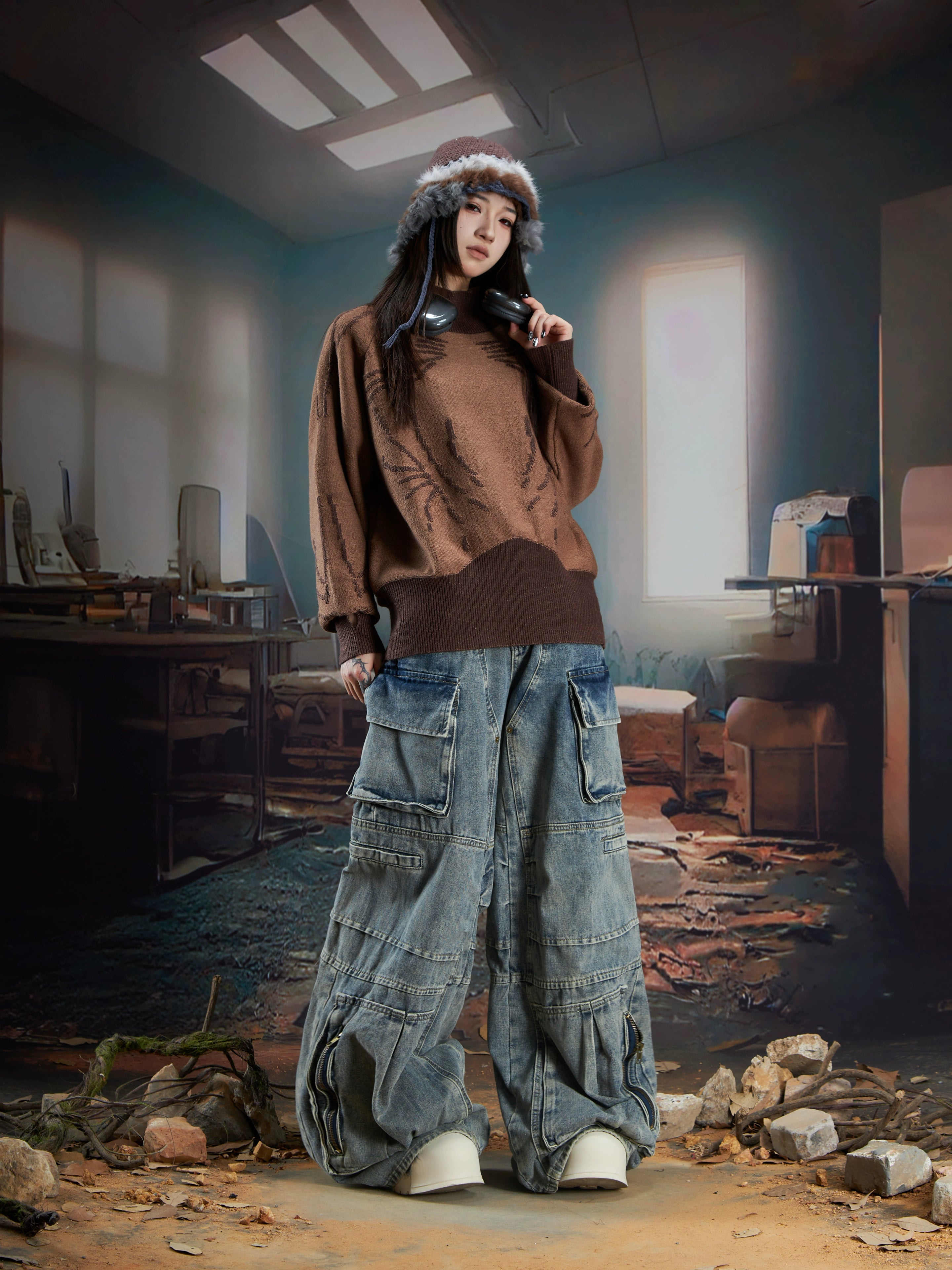 Futuristic Turtleneck Knit Sweater with Ninja Sleeve Design