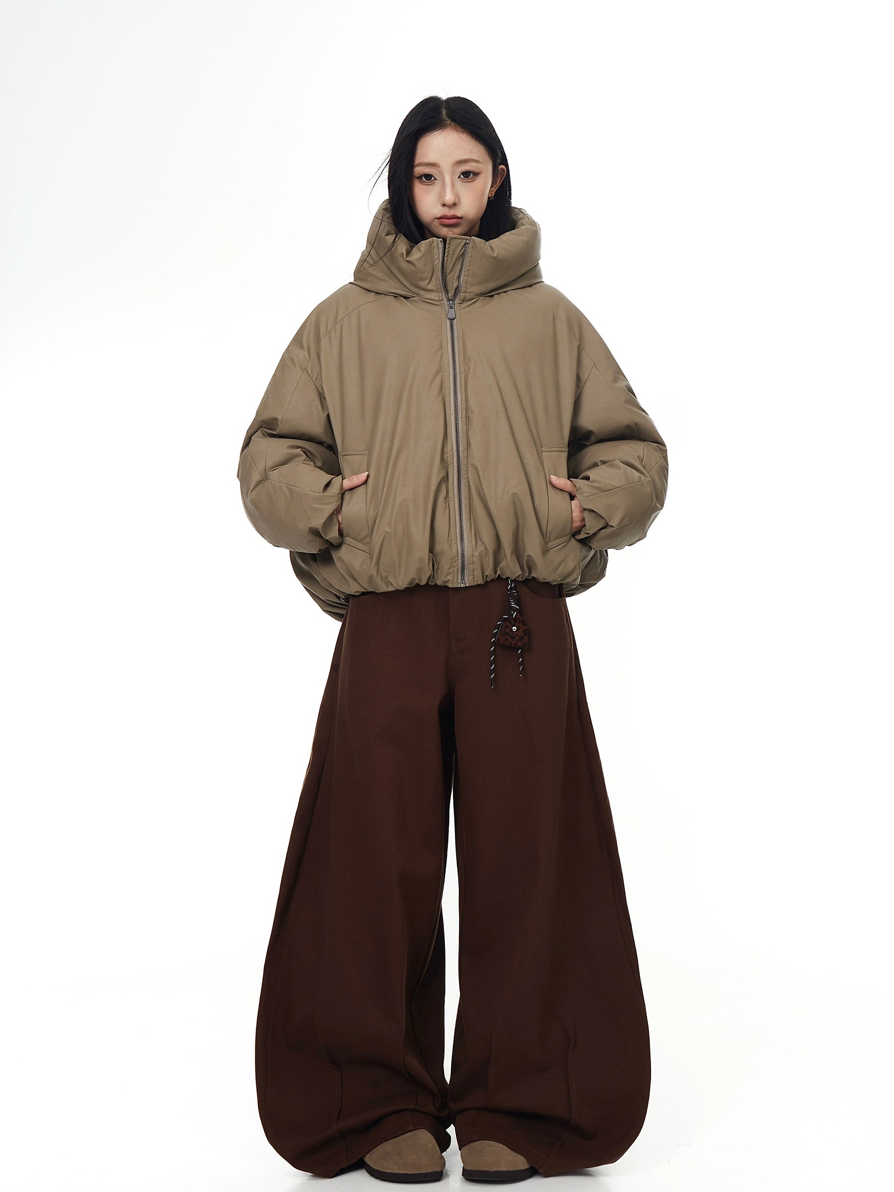 Vintage Bomber Faux-Leather Hooded Puffer Jacket