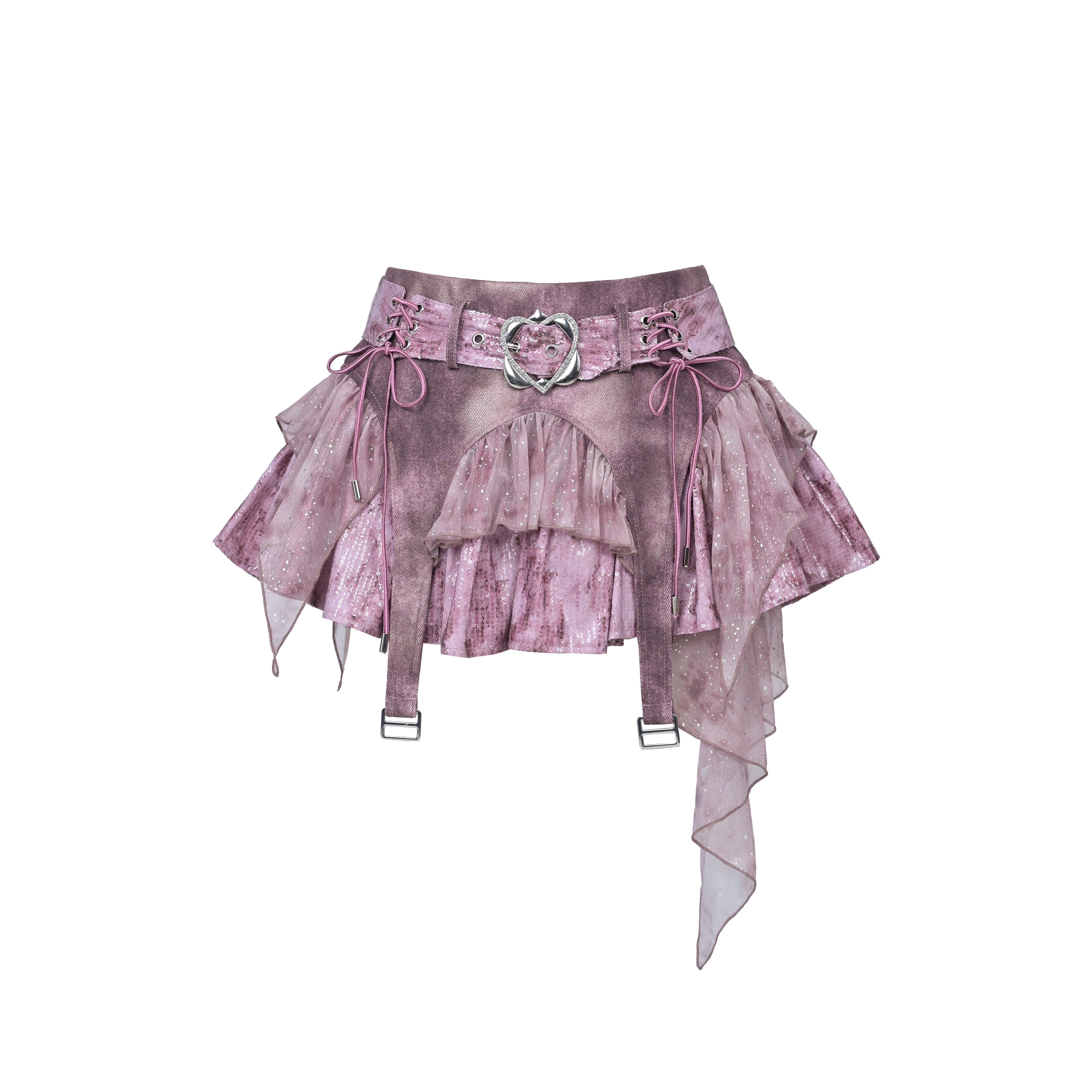 Sanhoostudio Sequin A-Line Denim Skirt crafted from 100% polyester features Y2K punk style with lace-up details and sparkling sequins. Perfect for streetwear, summer festivals, or casual outings.