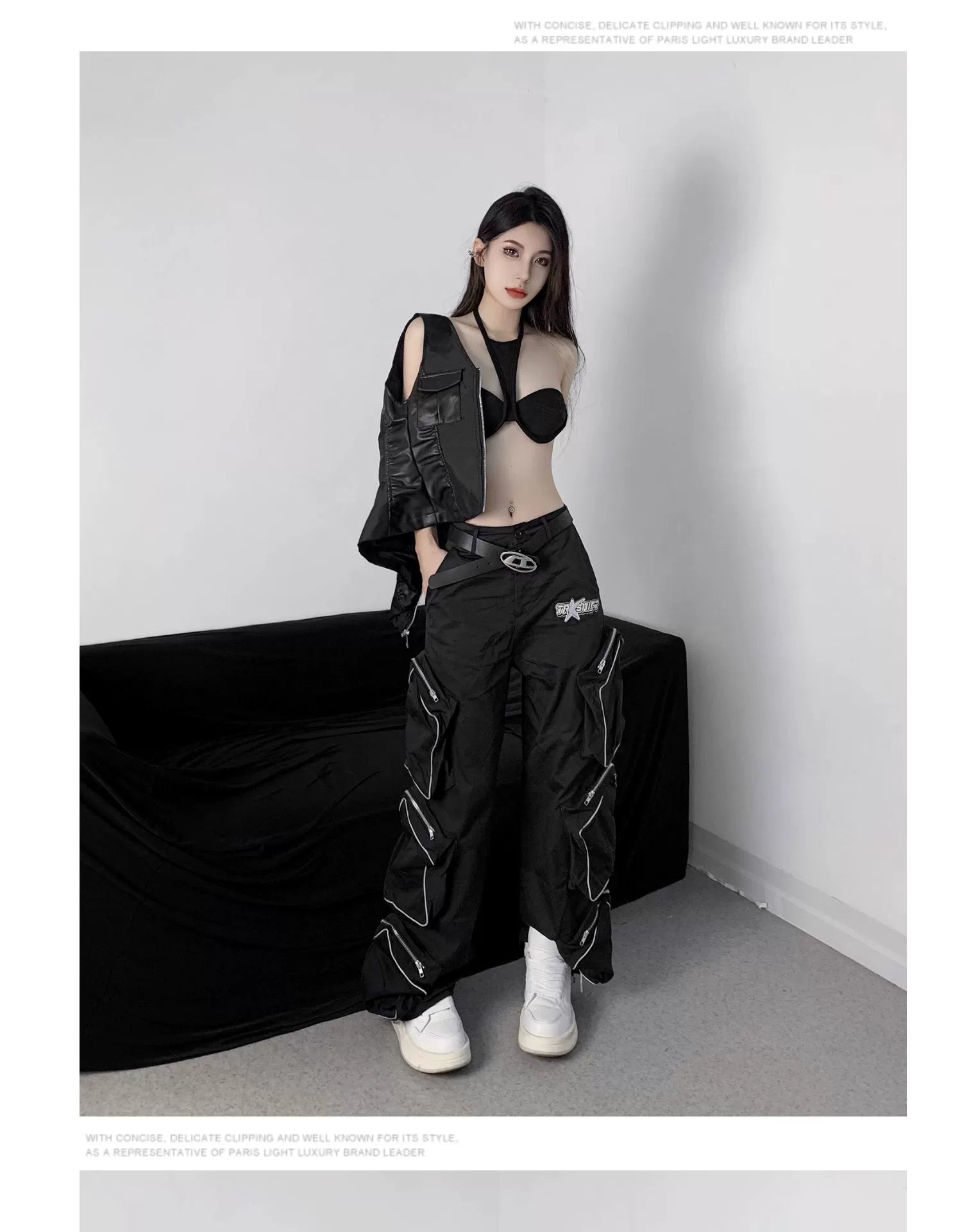 These reflective cargo pants from Sanhoostudio feature 3D star patches and bold avant-garde styling. The oversized fit and dark aesthetic make them ideal for nightwear, performance looks, or urban outfits, blending futuristic energy with functional streetwear practicality.