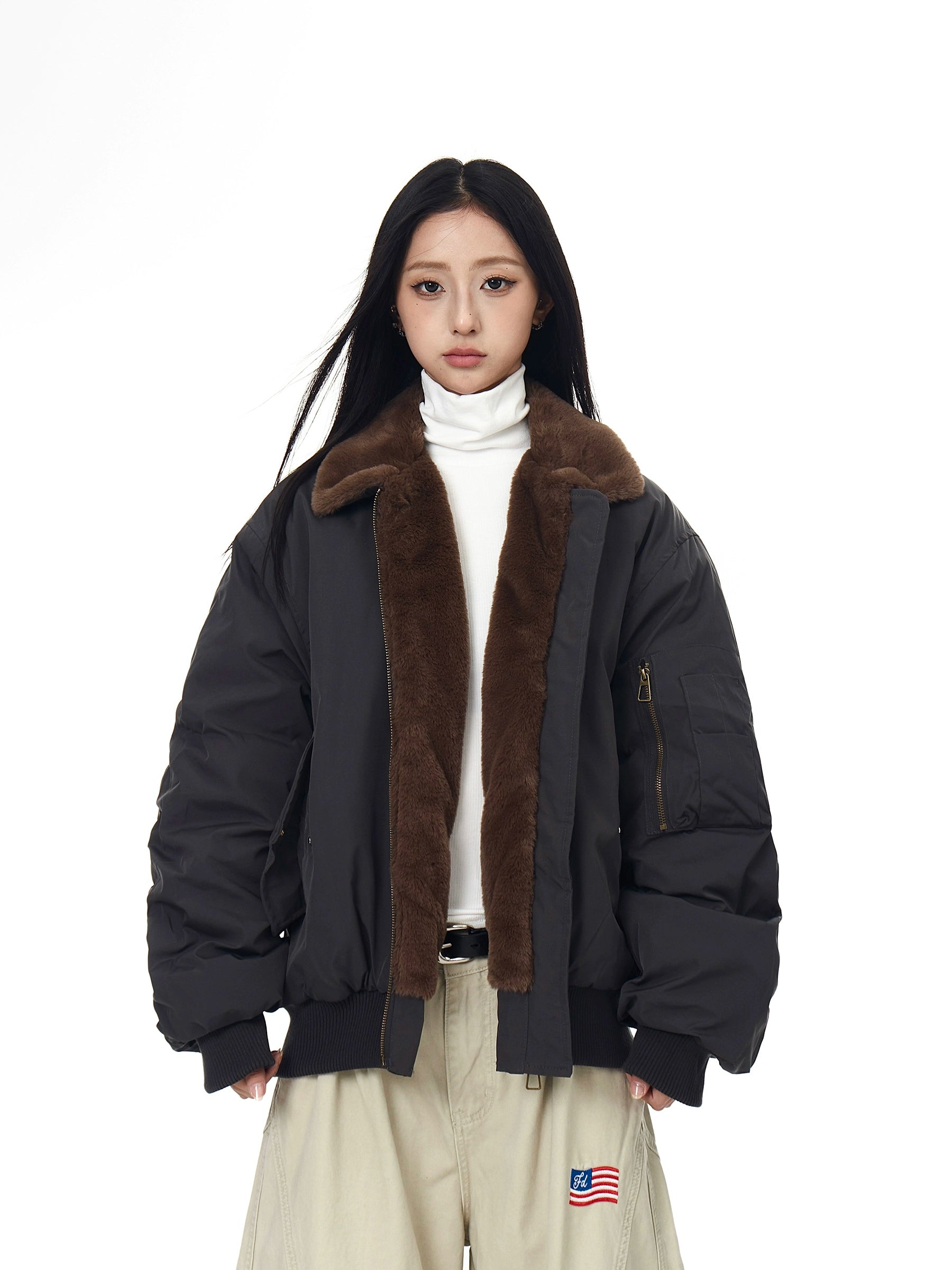 Bomber Shearling-Collar Spliced Flight Puffer Jacket