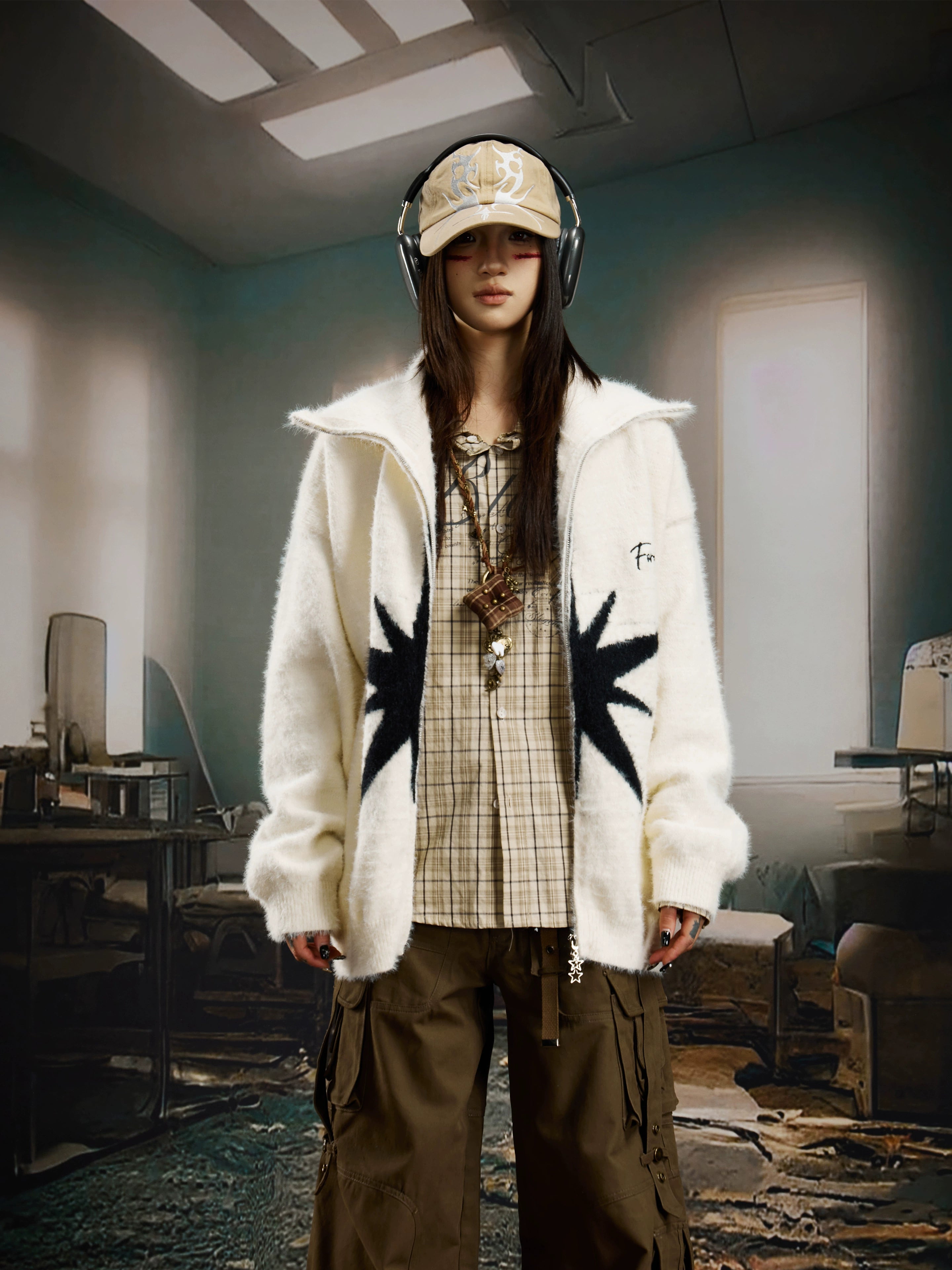 Y2K Mohair-Inspired High-Neck Zip Knit Sweater