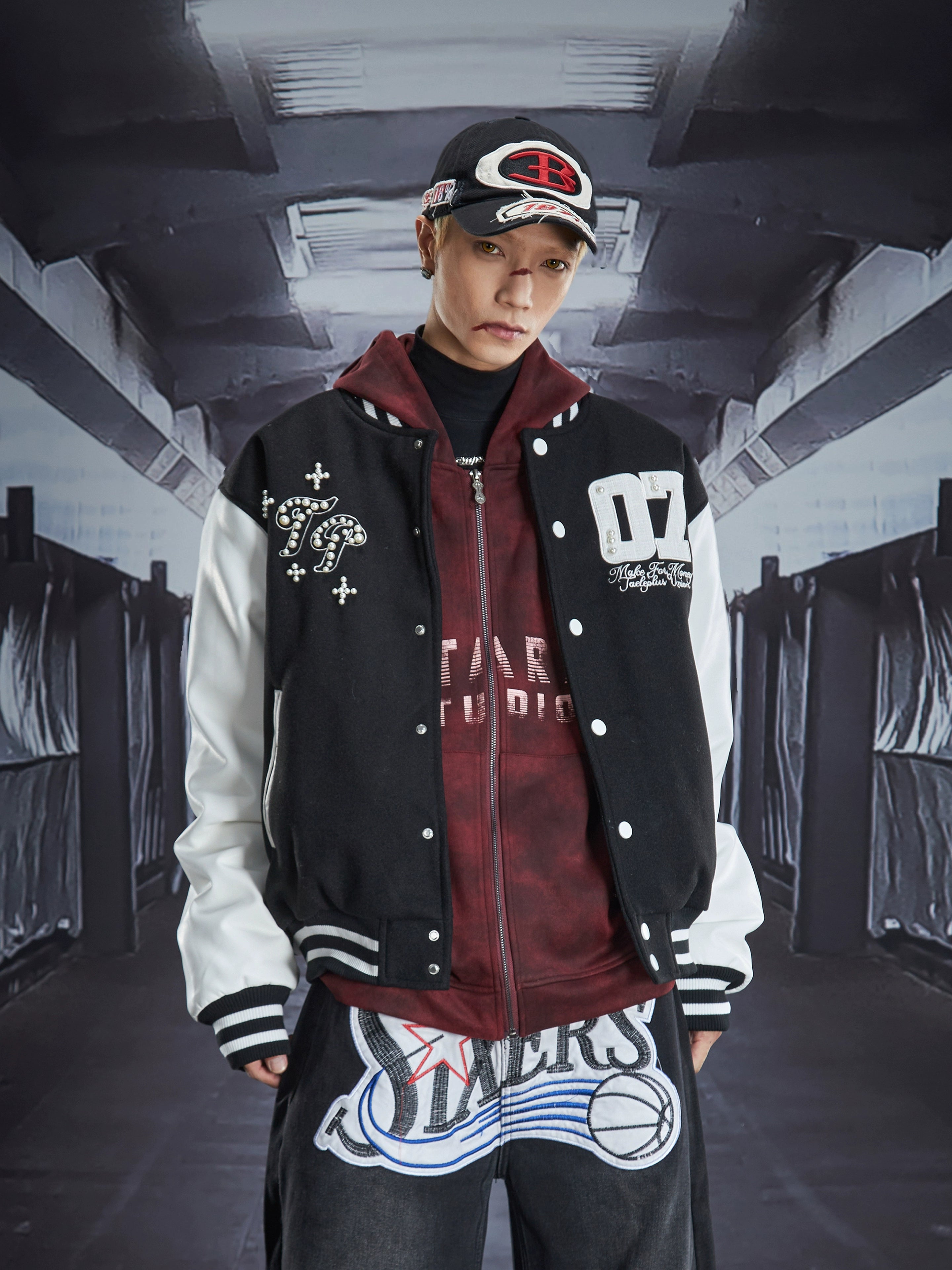 Jersey-Style Pearl Embroidered Quilted Bomber Jacket