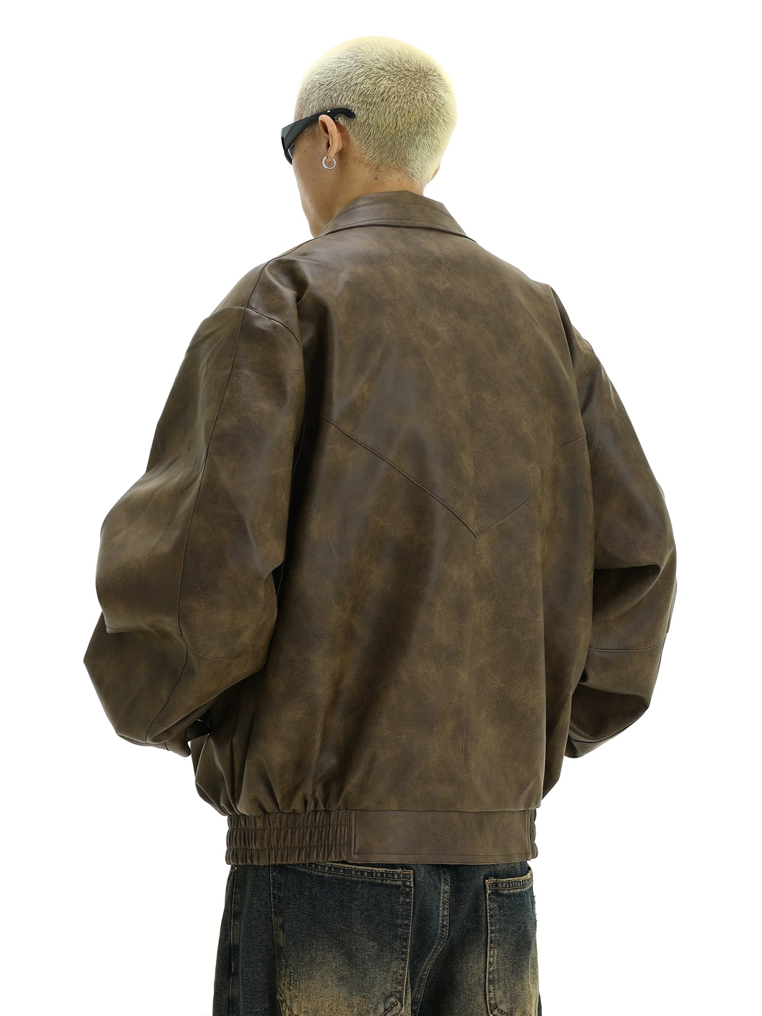 Vintage Brown Distressed Leather Jacket with Turn-Down Collar