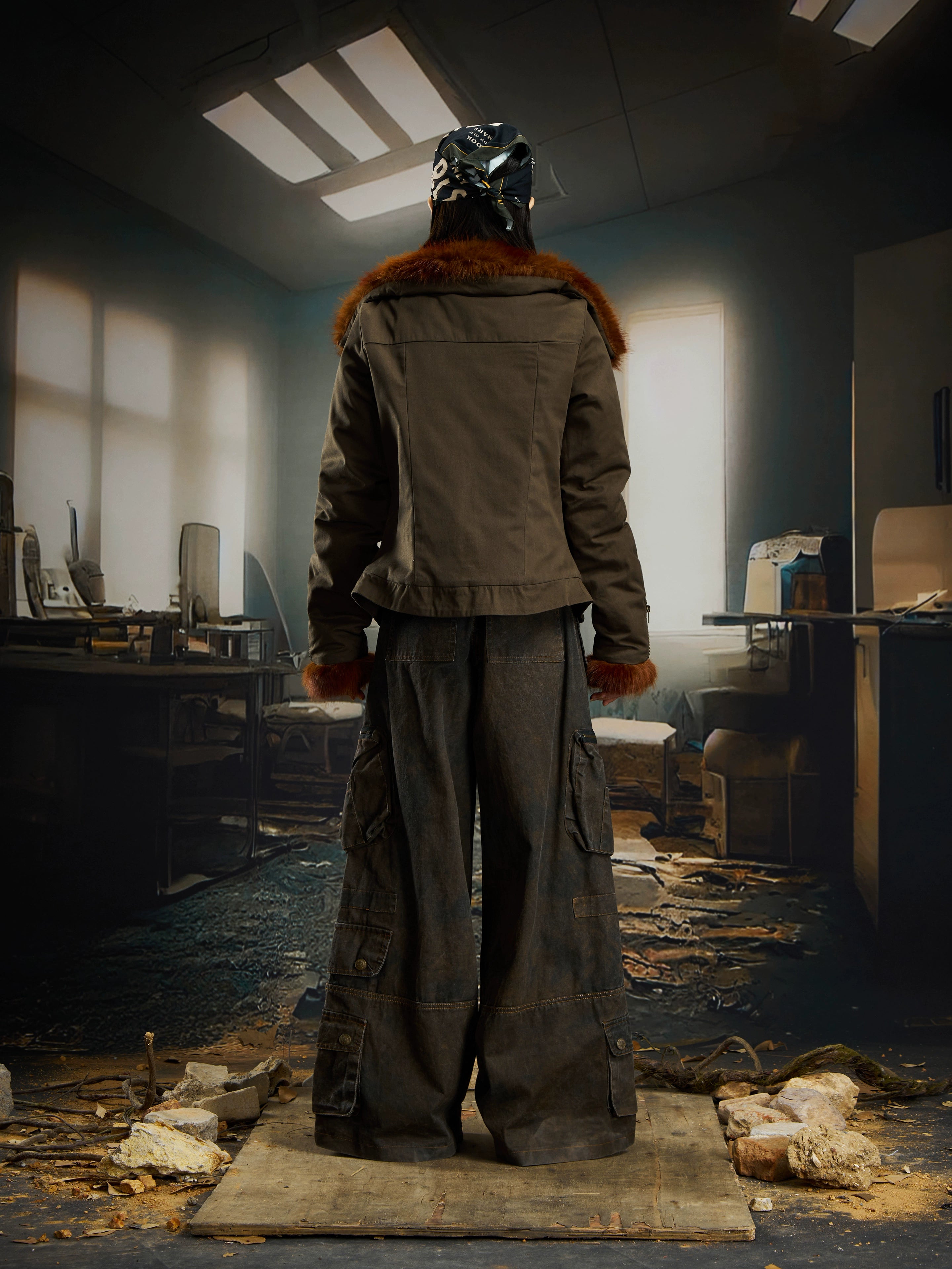 Shibuya Red-Fur Wide-Collar Fitted Cropped Jacket