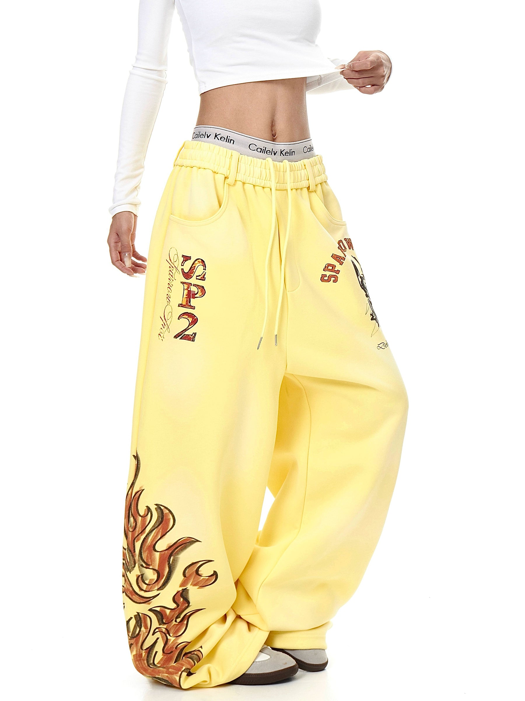 Hand-Painted Flame Print Straight Sweatpants