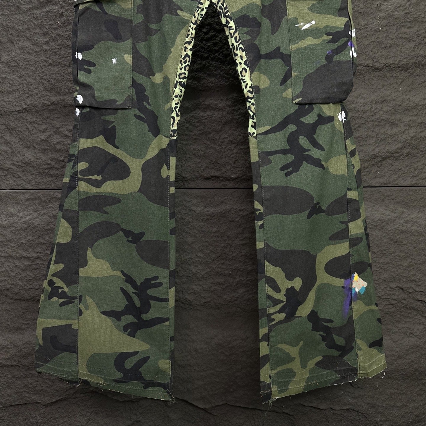 【25s Aug.】Hand-Painted Camouflage Patchwork Flared Cargo Jeans