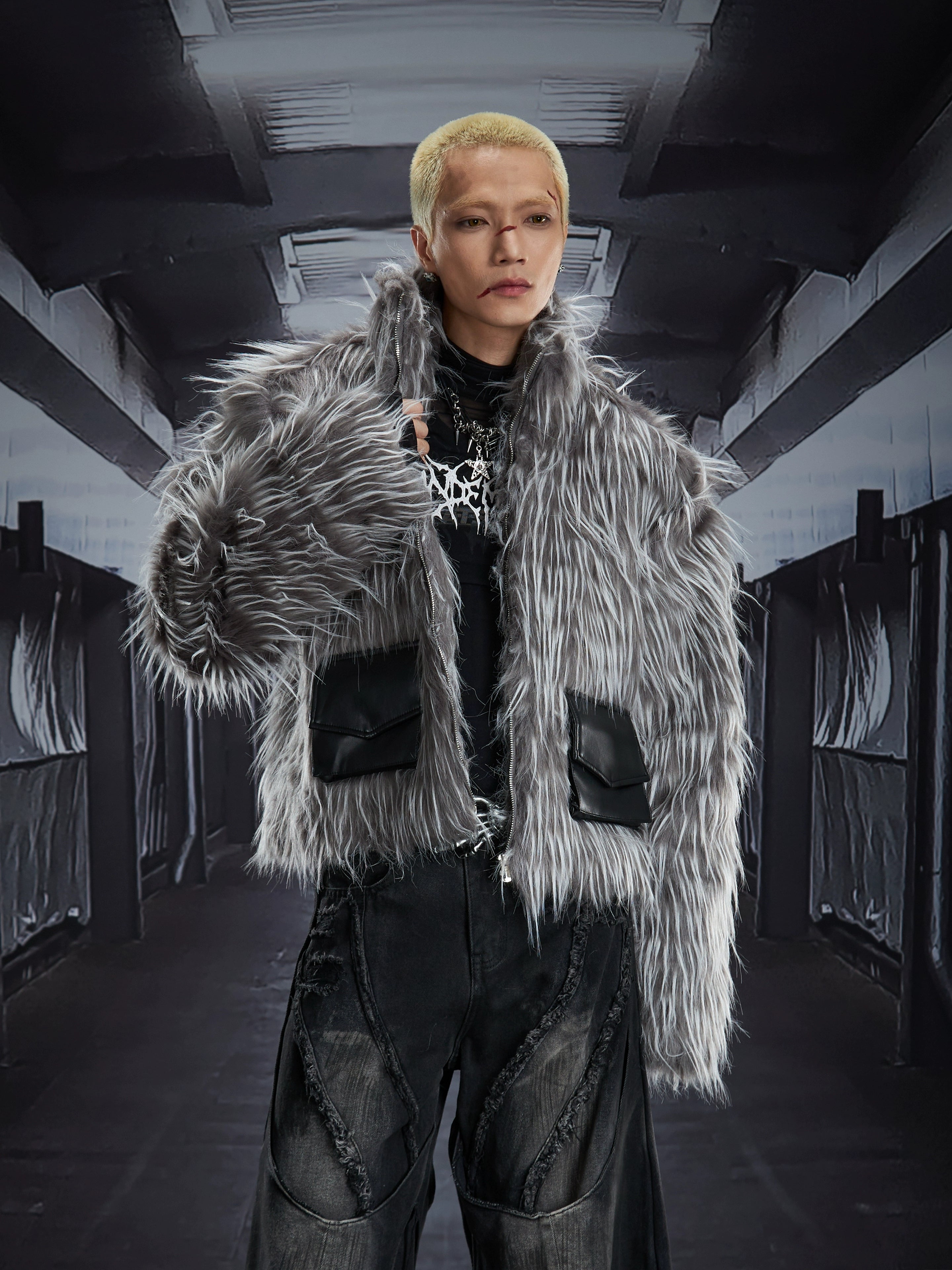 A dark Y2K fuzzy cropped jacket with a plush long-hair texture and premium street aesthetic. Designed by Sanhoostudio for bold, fashion-forward autumn and winter looks.