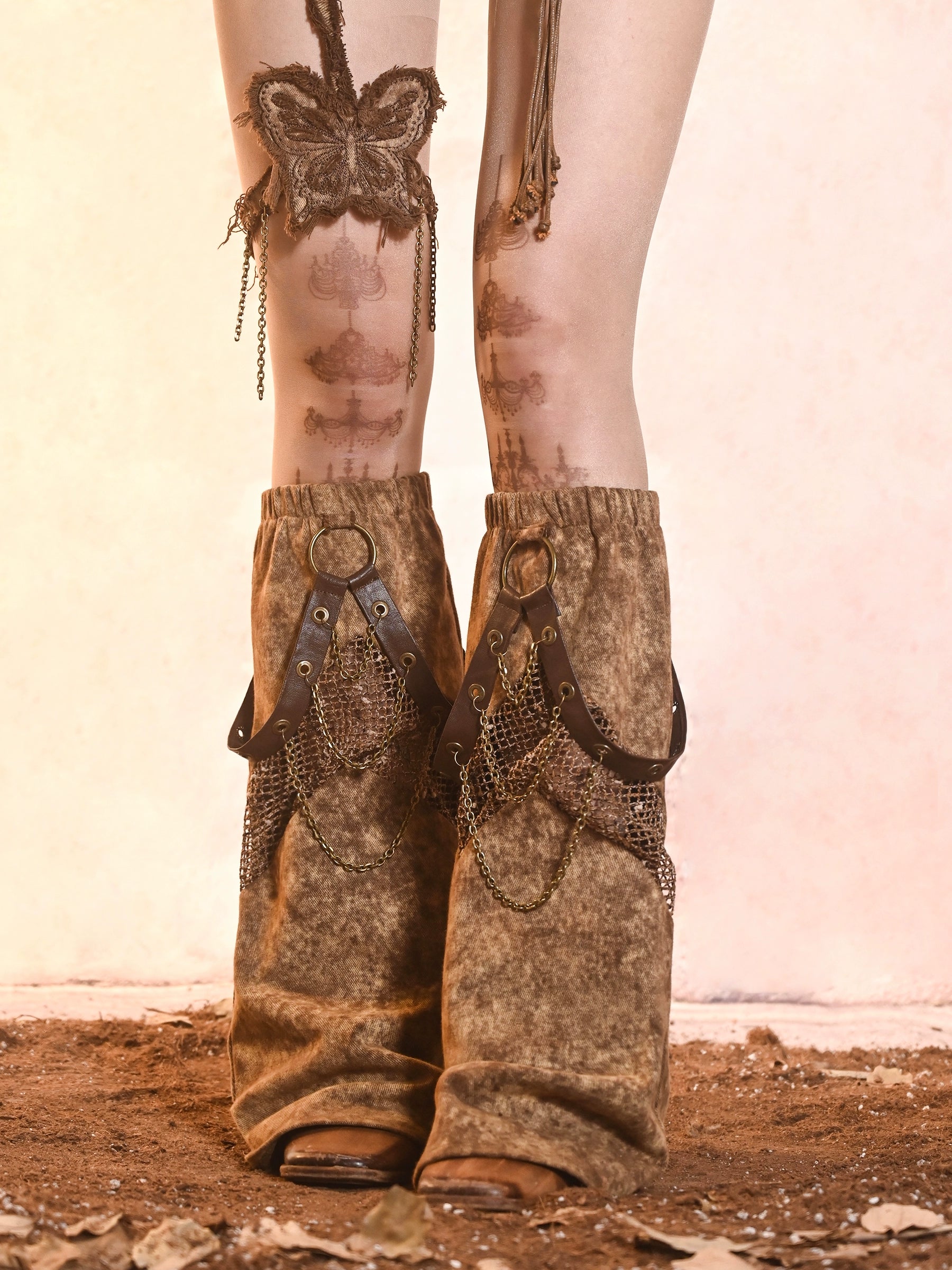 Apocalypse Wasteland Y2K Denim Chain Leg Warmers