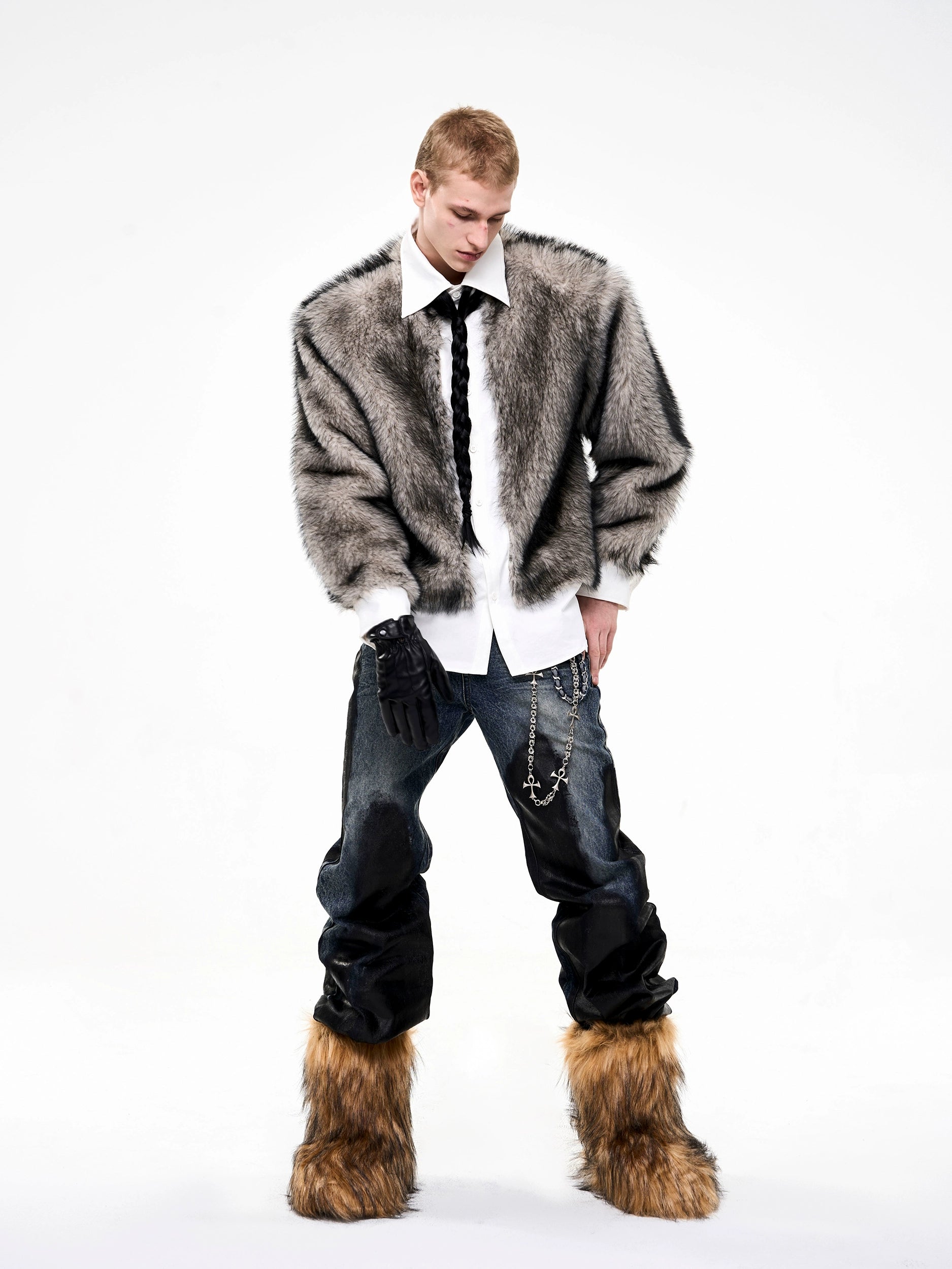 Faux Fur Patchwork Long Sleeve Shirt