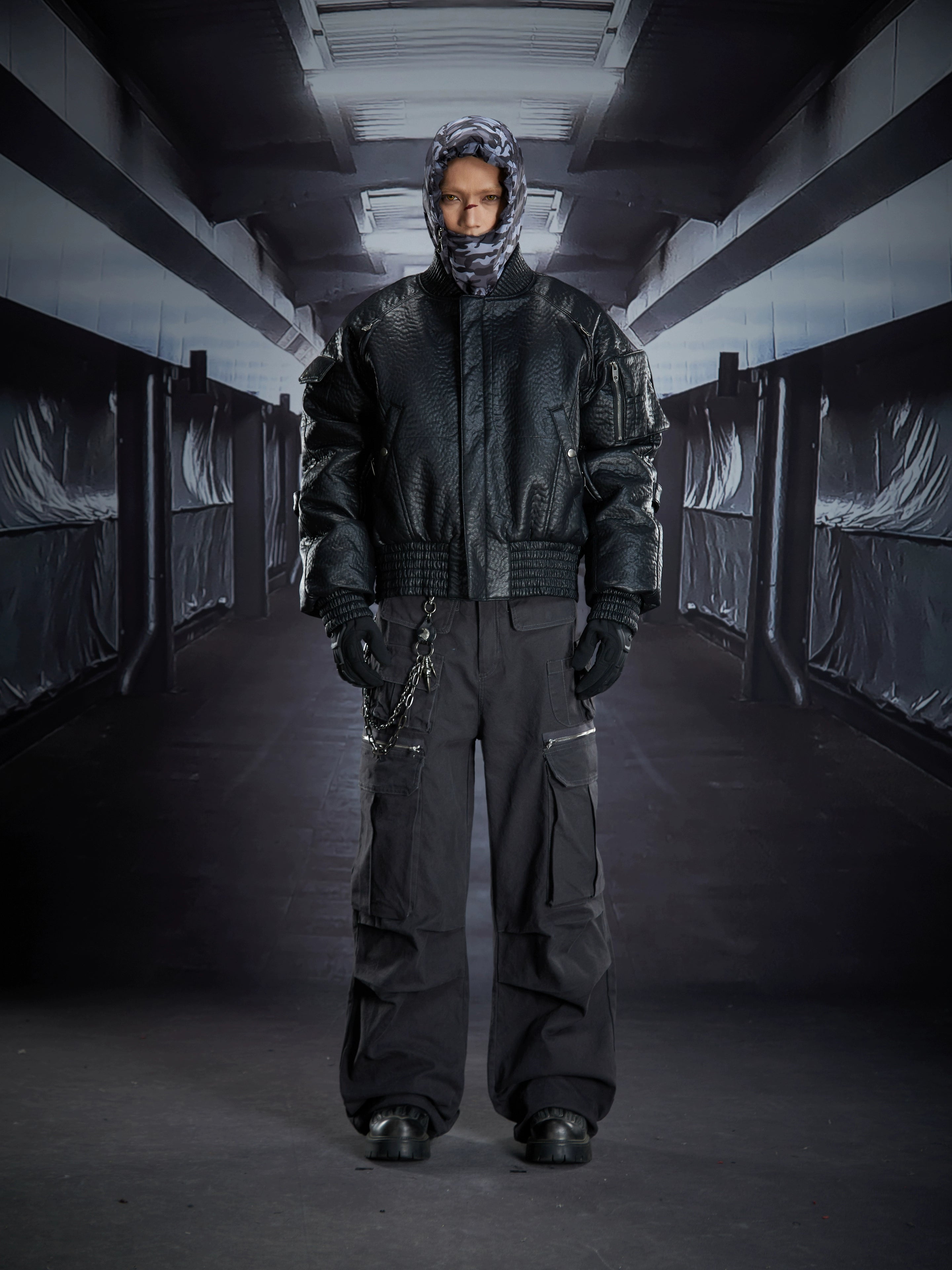 Asymmetric Zip Hooded Camo Down Jacket