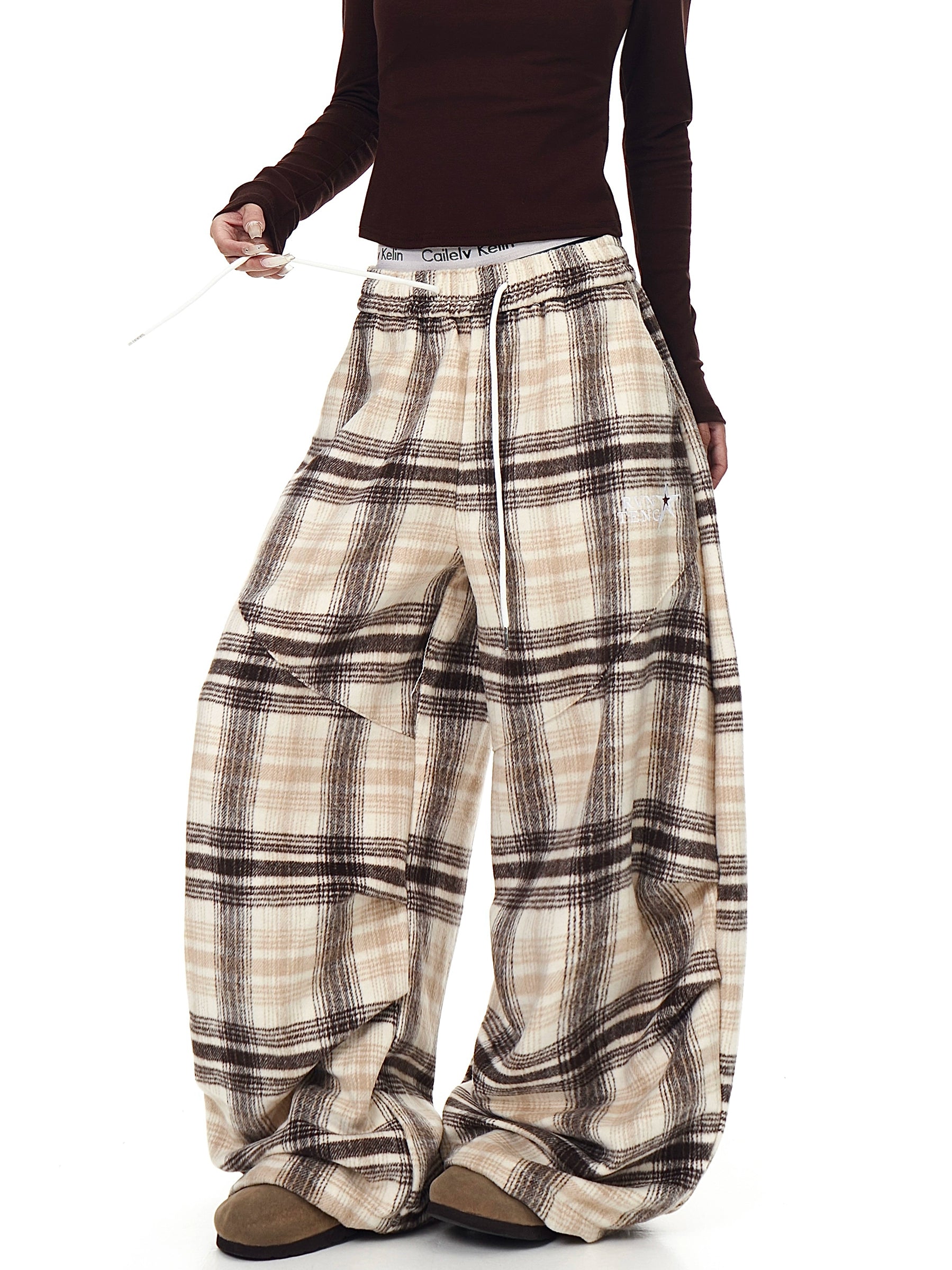 Plaid Wool Thickened Pleated Street Pants