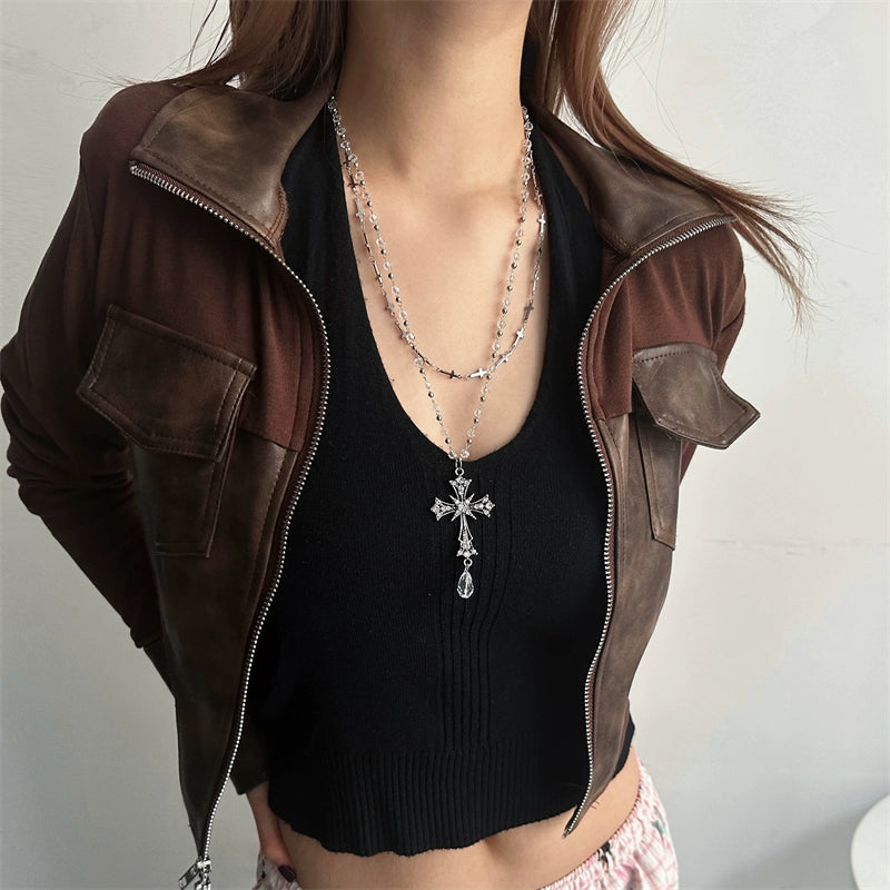 Y2K Crystal Beaded Cross Layered Necklace