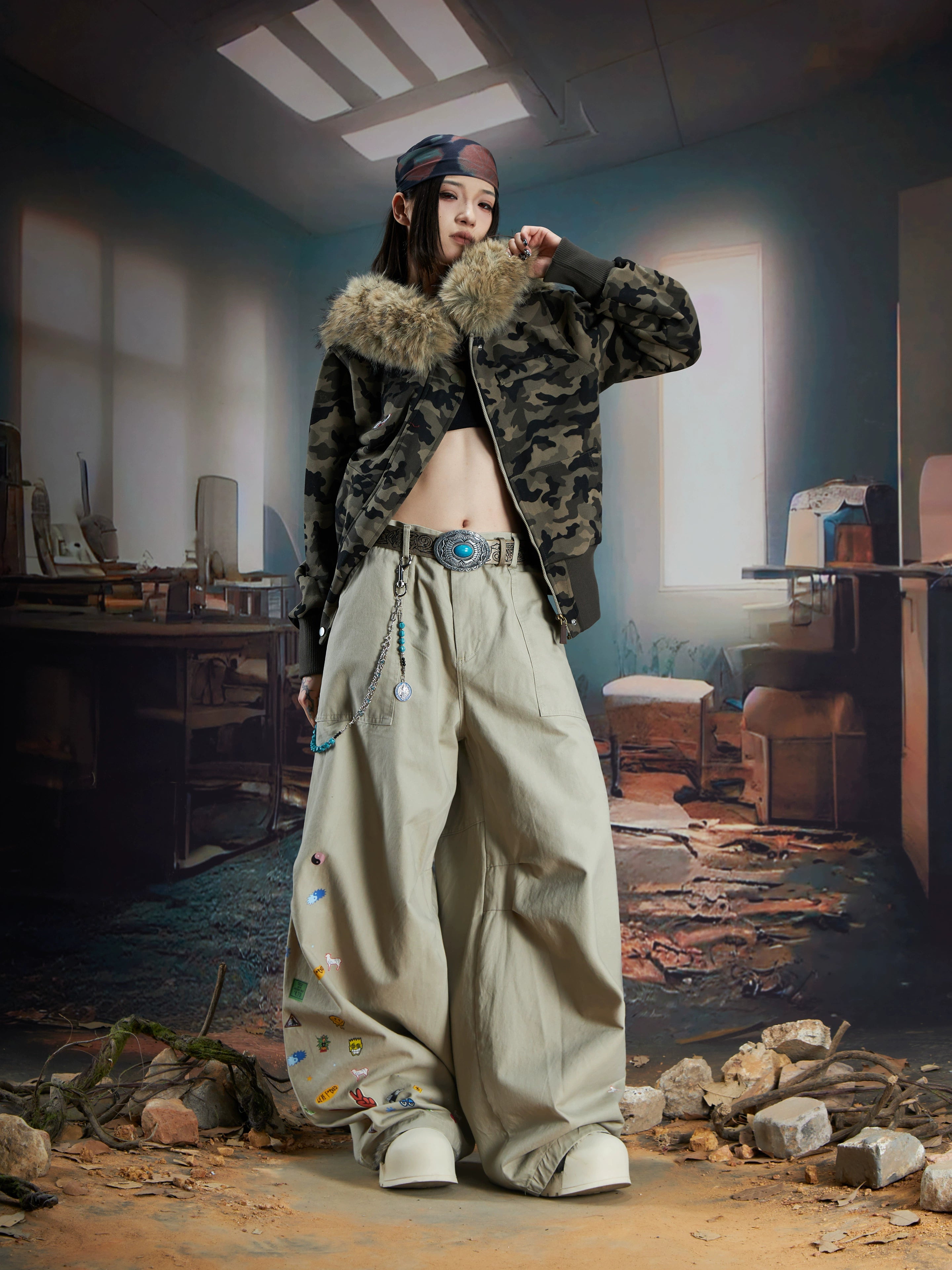 Furry Hooded Camo Short Jacket with Ribbed Hem