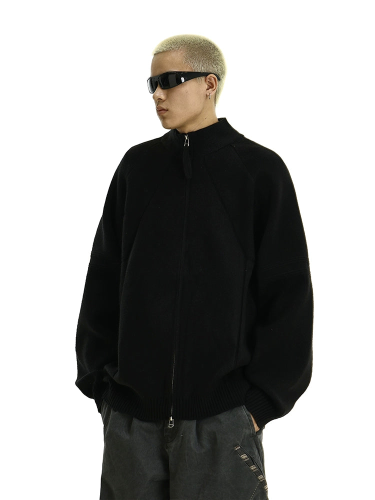Heavyweight Zip-Up Knit Cardigan Sweater with Stand Collar