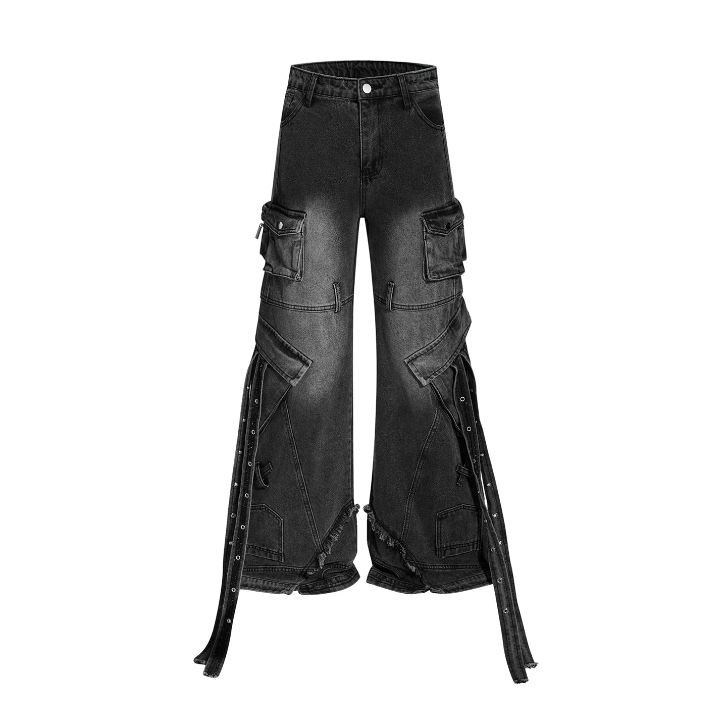 Sanhoostudio brings punk aesthetics to life with these multi-pocket denim cargo pants. Featuring deconstructed details and a wide-leg cut, they deliver high-street edge and urban functionality.