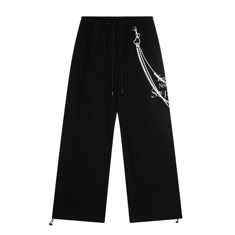 These Sanhoostudio pants stand out with pearl chain embellishments and bold slogan prints, merging casual comfort with high street individuality. Designed with a relaxed fit, they highlight a balance of playful accessories and edgy fashion vibes.