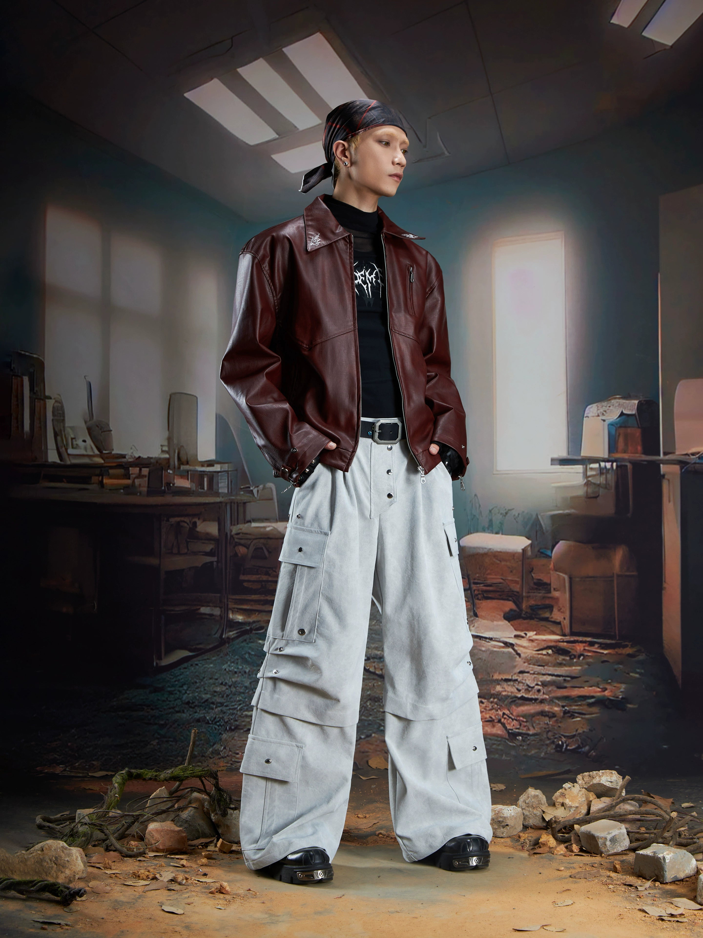 Matte Leather Multi-Pocket Studded Straight Pants