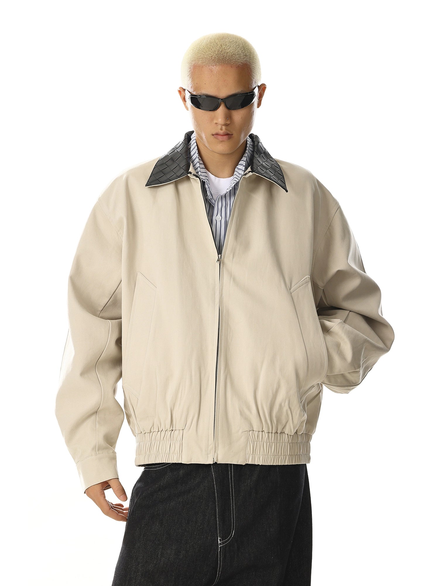 Minimalist Leather Collar Jacket with Relaxed Streetwear Design