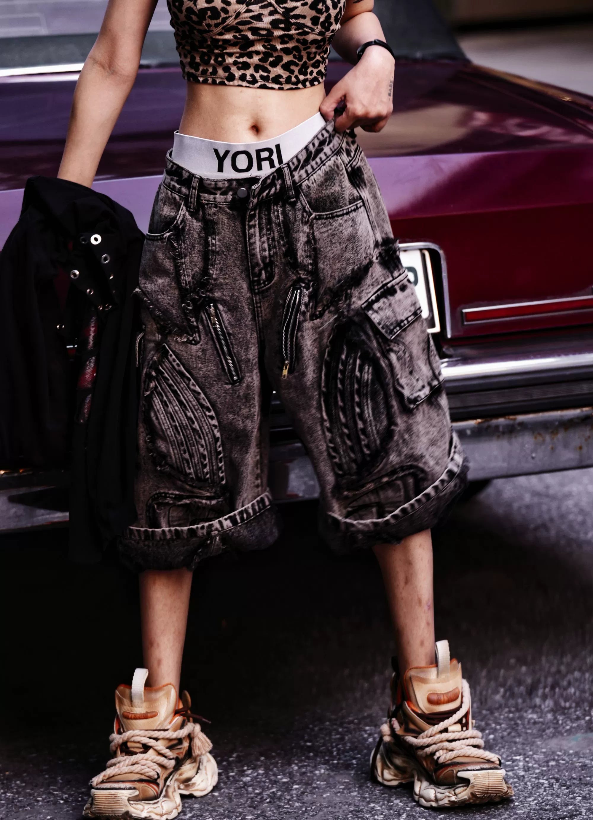 Heavy Embroidered Washed Patchwork Denim Pants