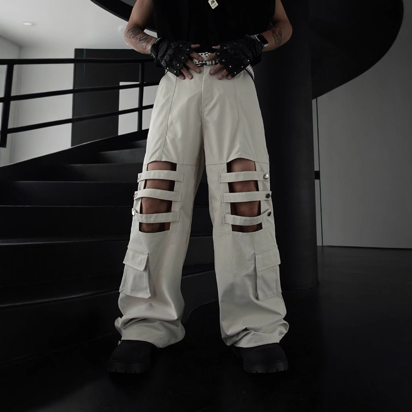 Dark Strap-Studded Punk Straight Cargo Pants