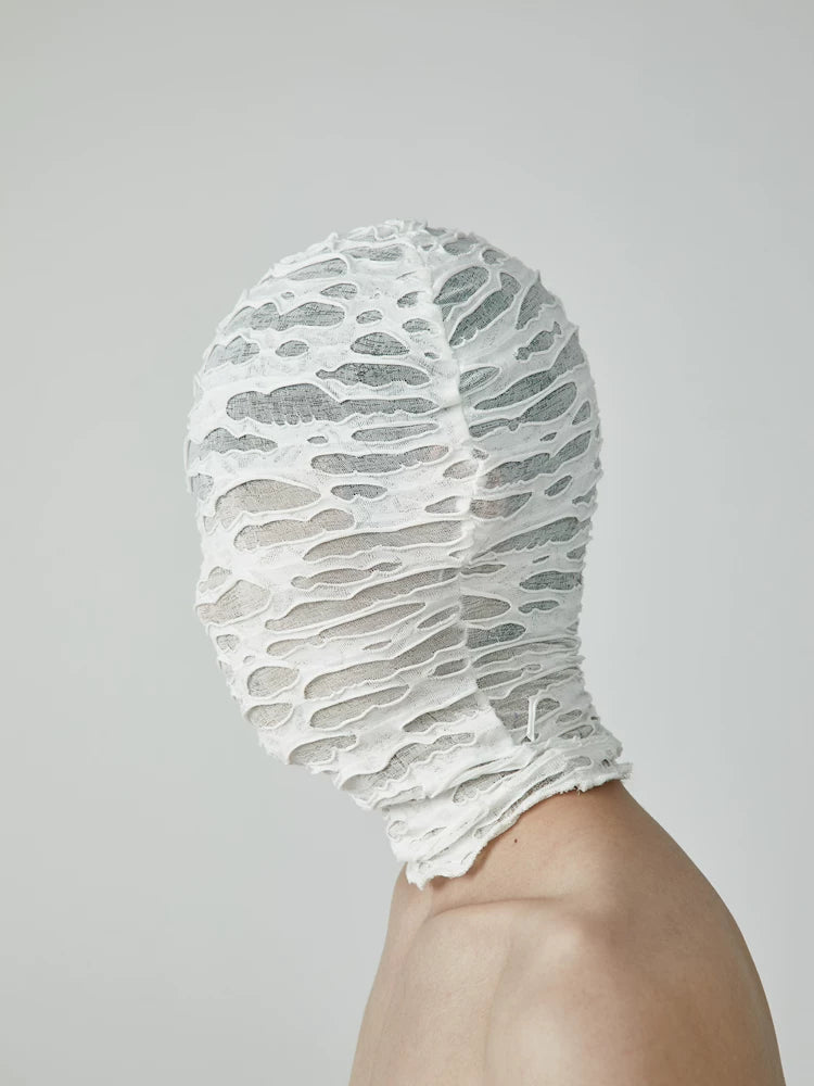 Sanhoostudio black and white zip-up hood mask designed for unisex streetwear styling. Featuring a full zip closure, foldable structure, and warm layered design for casual spring wear.