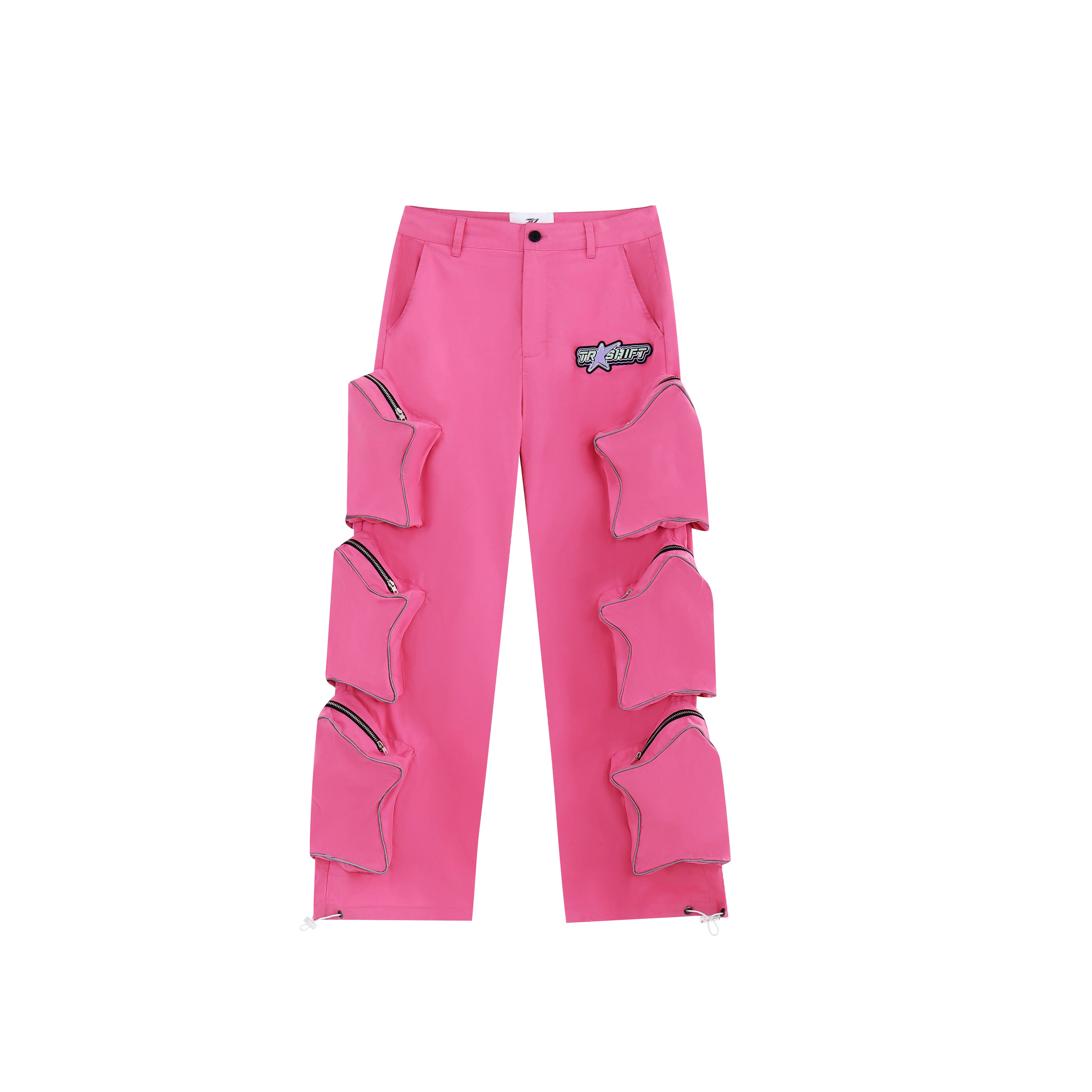 These reflective cargo pants from Sanhoostudio feature 3D star patches and bold avant-garde styling. The oversized fit and dark aesthetic make them ideal for nightwear, performance looks, or urban outfits, blending futuristic energy with functional streetwear practicality.