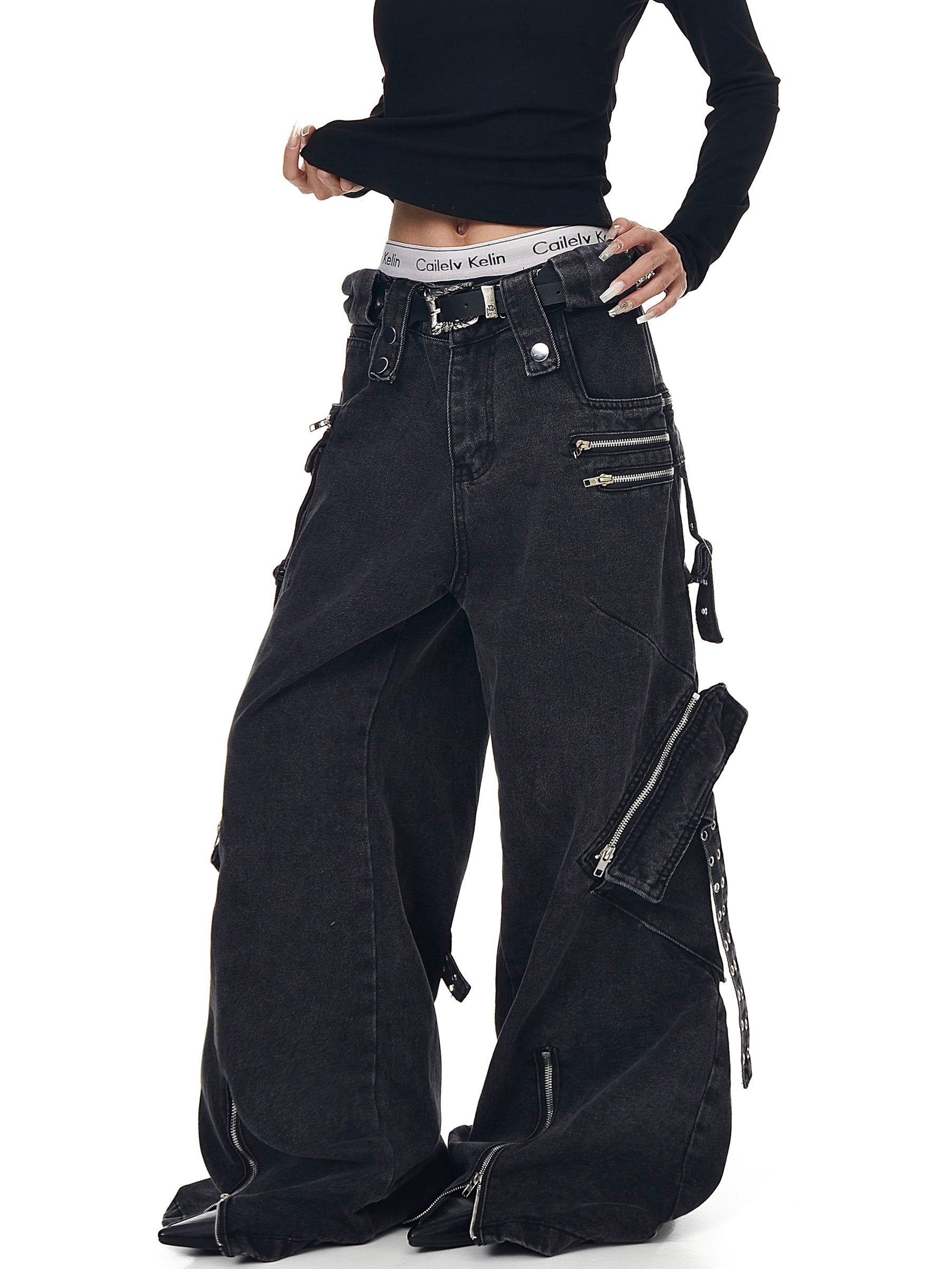 Washed Multi-Pocket Punk Cargo Denim Pants