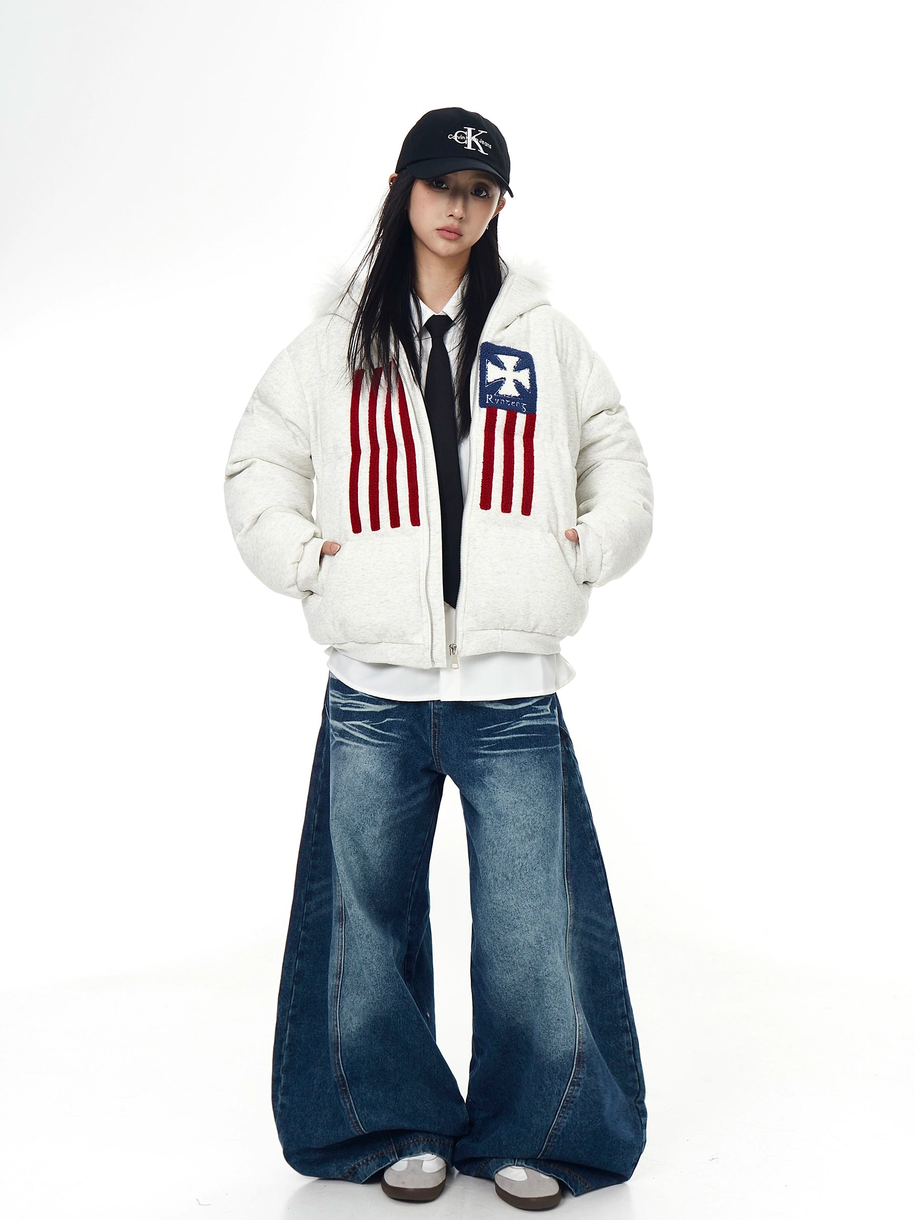 Flag Embroidered Fur-Hood Padded Puff Jacket