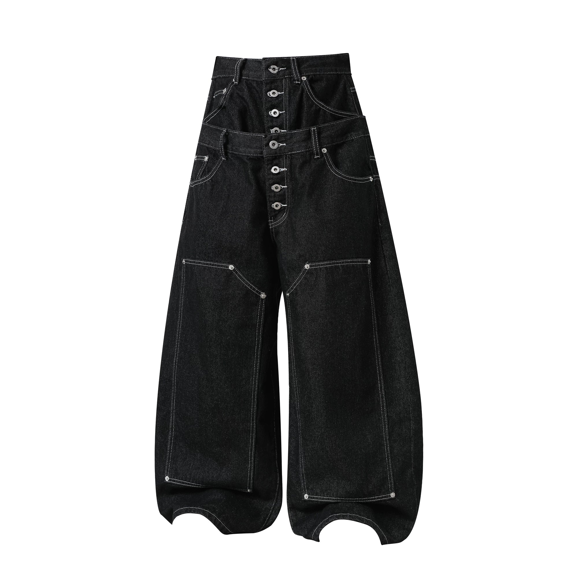 Sanhoostudio denim pants featuring double waistband design, exposed stitching, and button details. Built with a wide leg silhouette for high street styling.