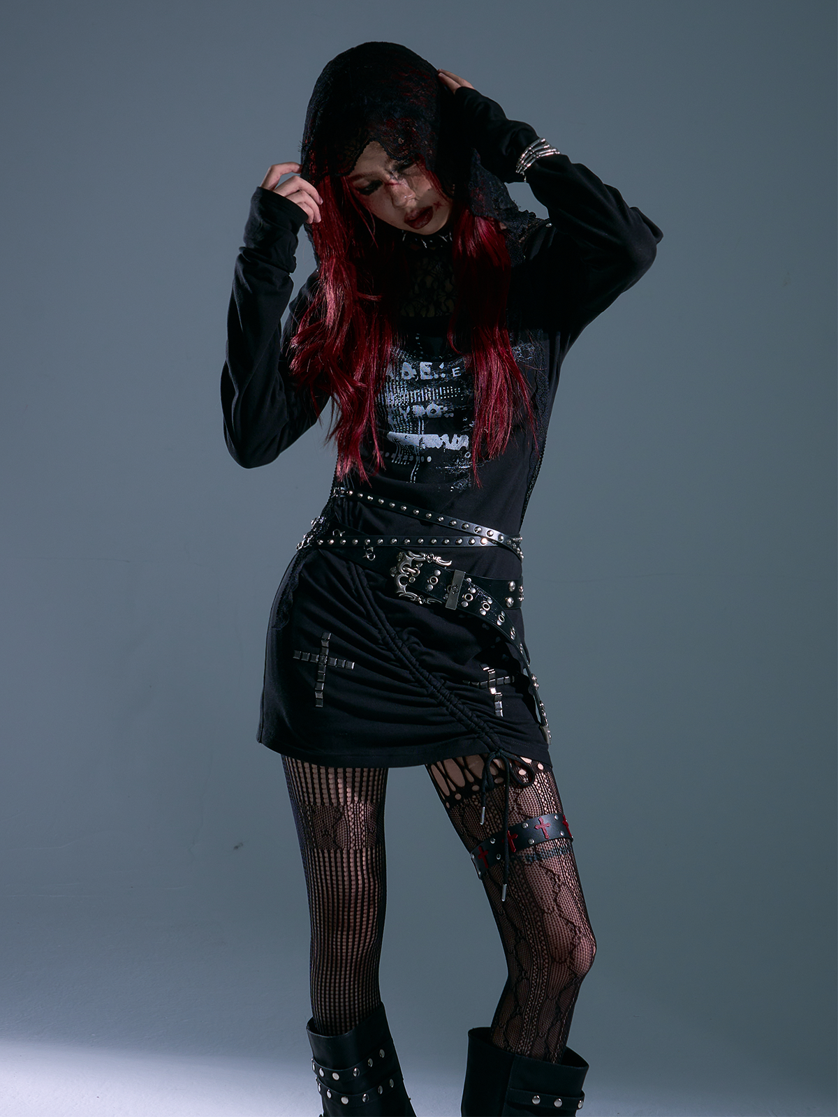 Punk Rock Lace Hoodie Dress with Print