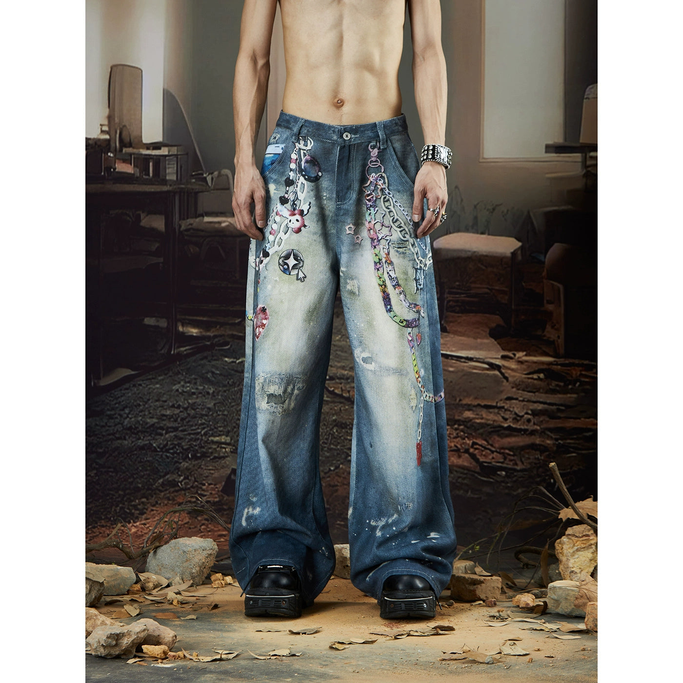 The Sanhoostudio jeans combine digital multicolor chain prints with a washed distressed finish in a straight-leg silhouette. Their oversized cut and bold pattern make them an expressive statement piece for modern streetwear outfits.