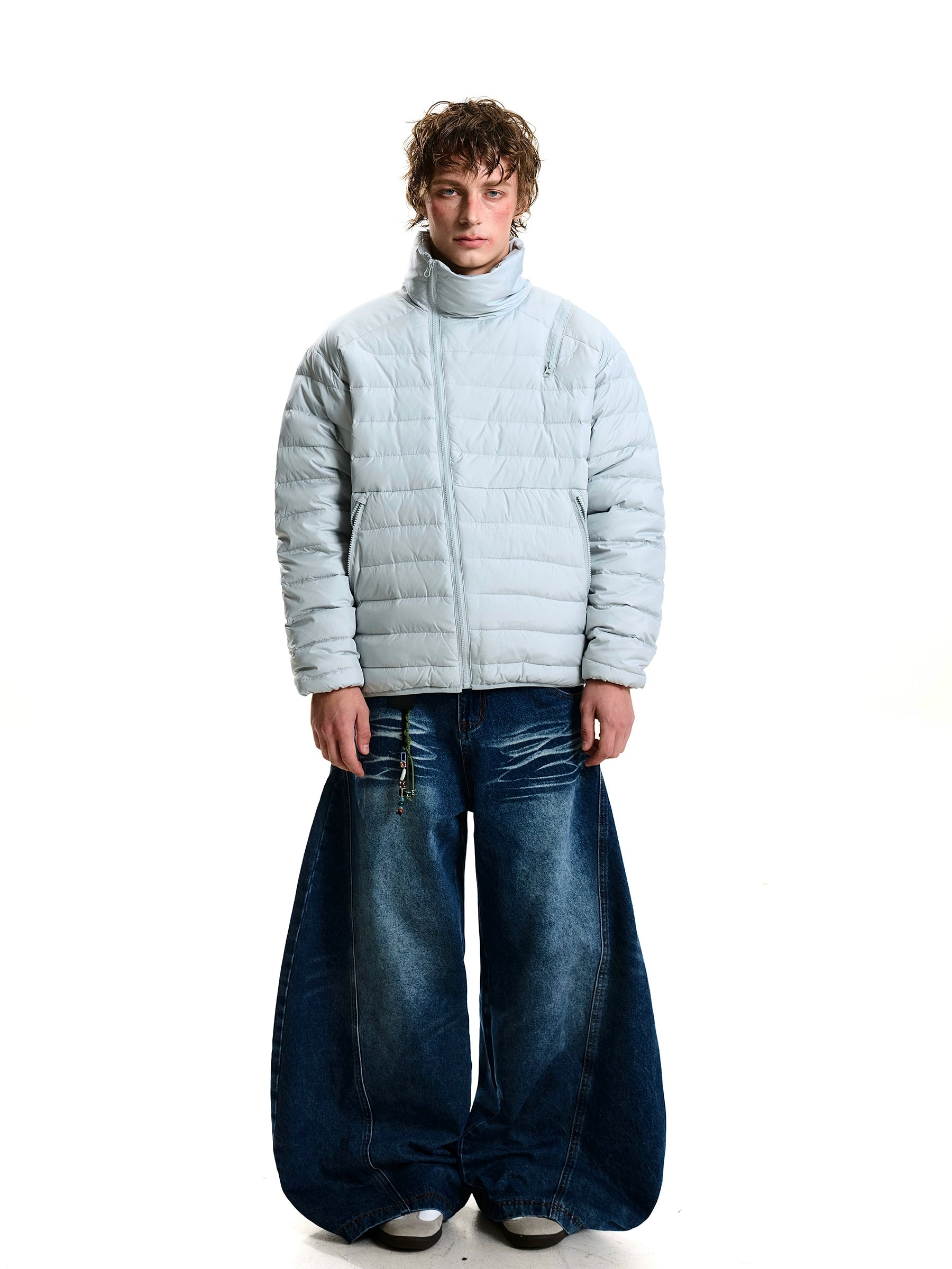 Asymmetric Zip Ribbed High-Neck Down Jacket