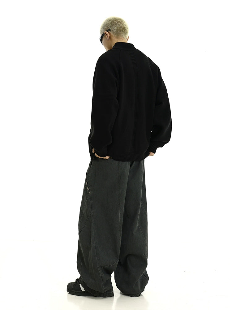 Heavyweight Zip-Up Knit Cardigan Sweater with Stand Collar