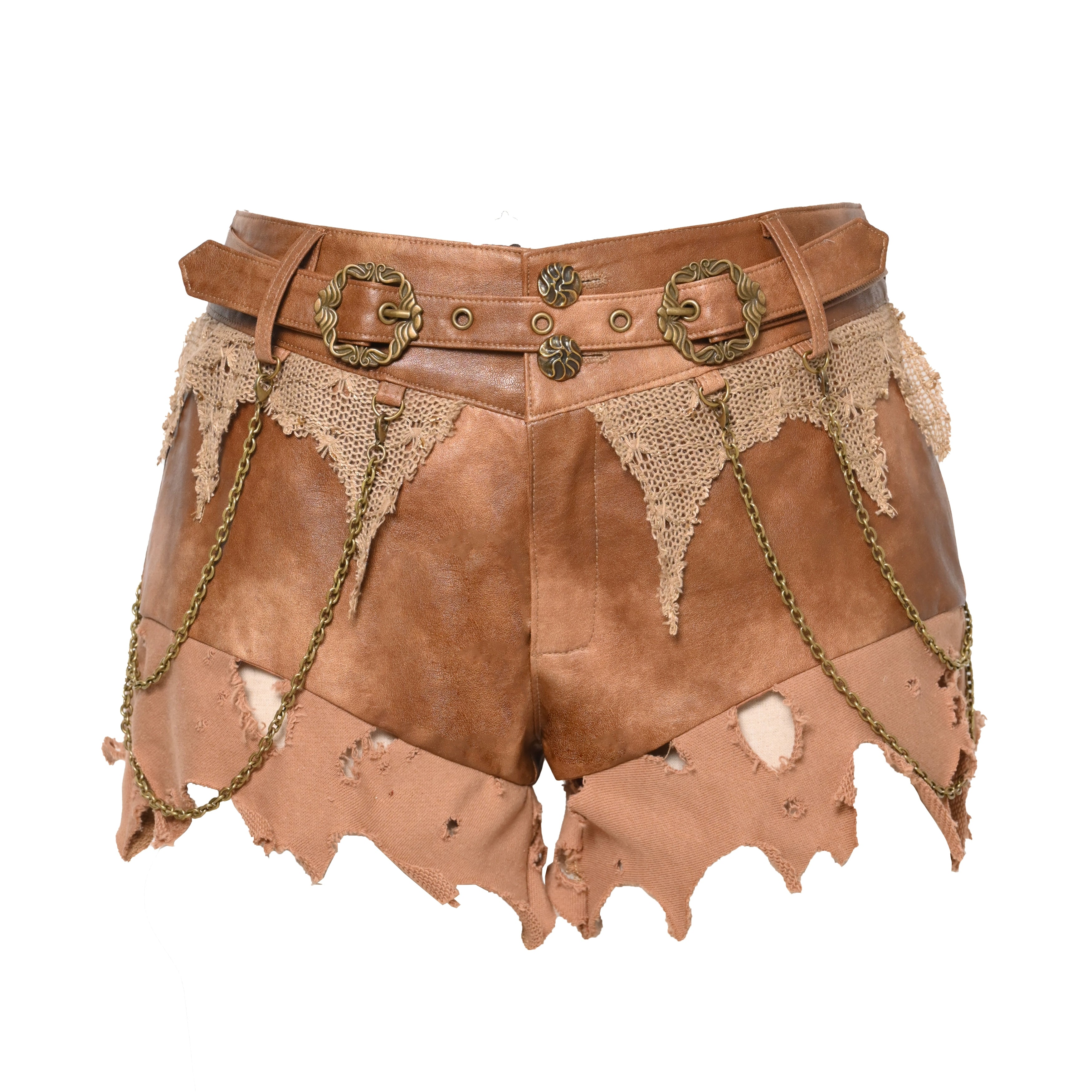 Sanhoostudio’s distressed PU leather low-waist shorts feature Y2K rebellion with rugged cut-outs and punk edge, perfect for bold summer styling.