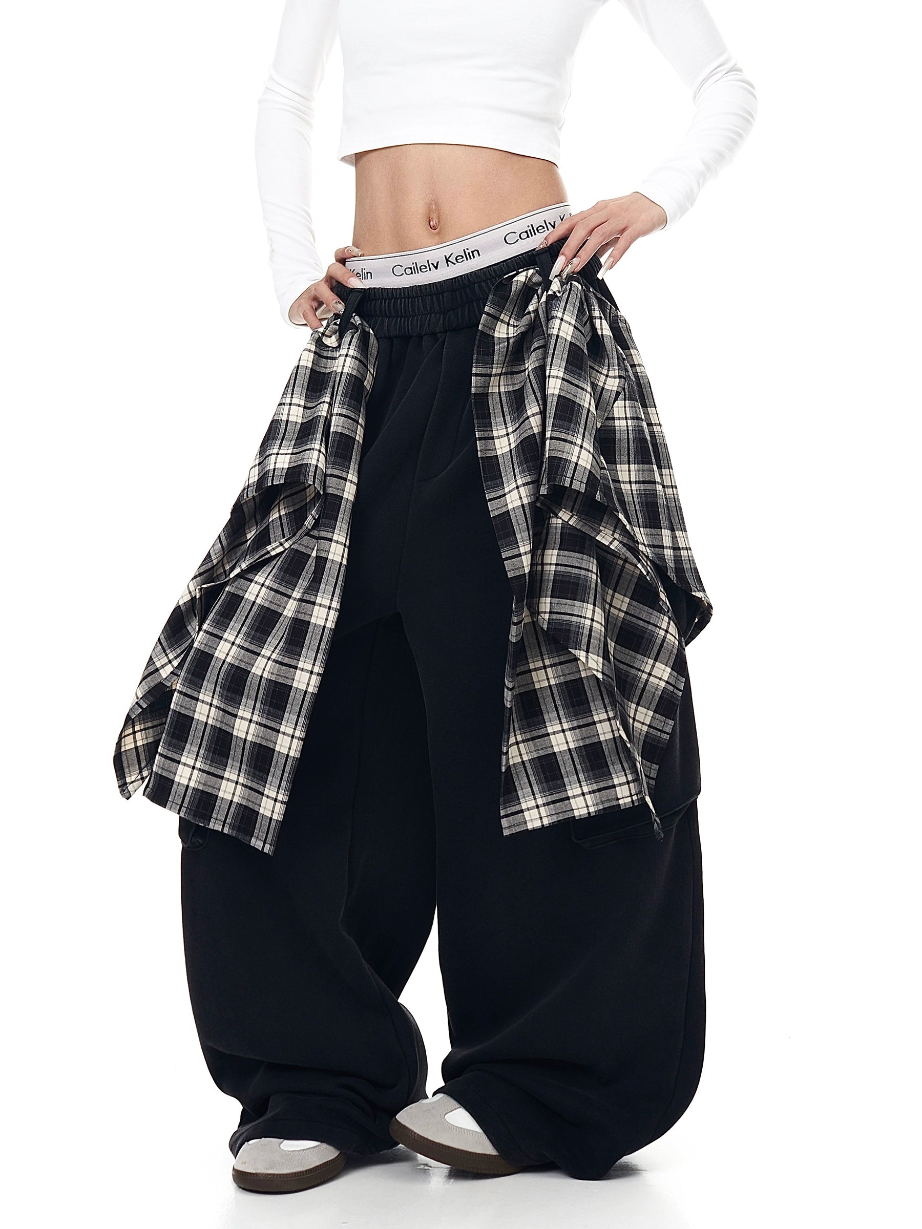 Plaid Overlay Straight-Leg Cargo Sweatpants