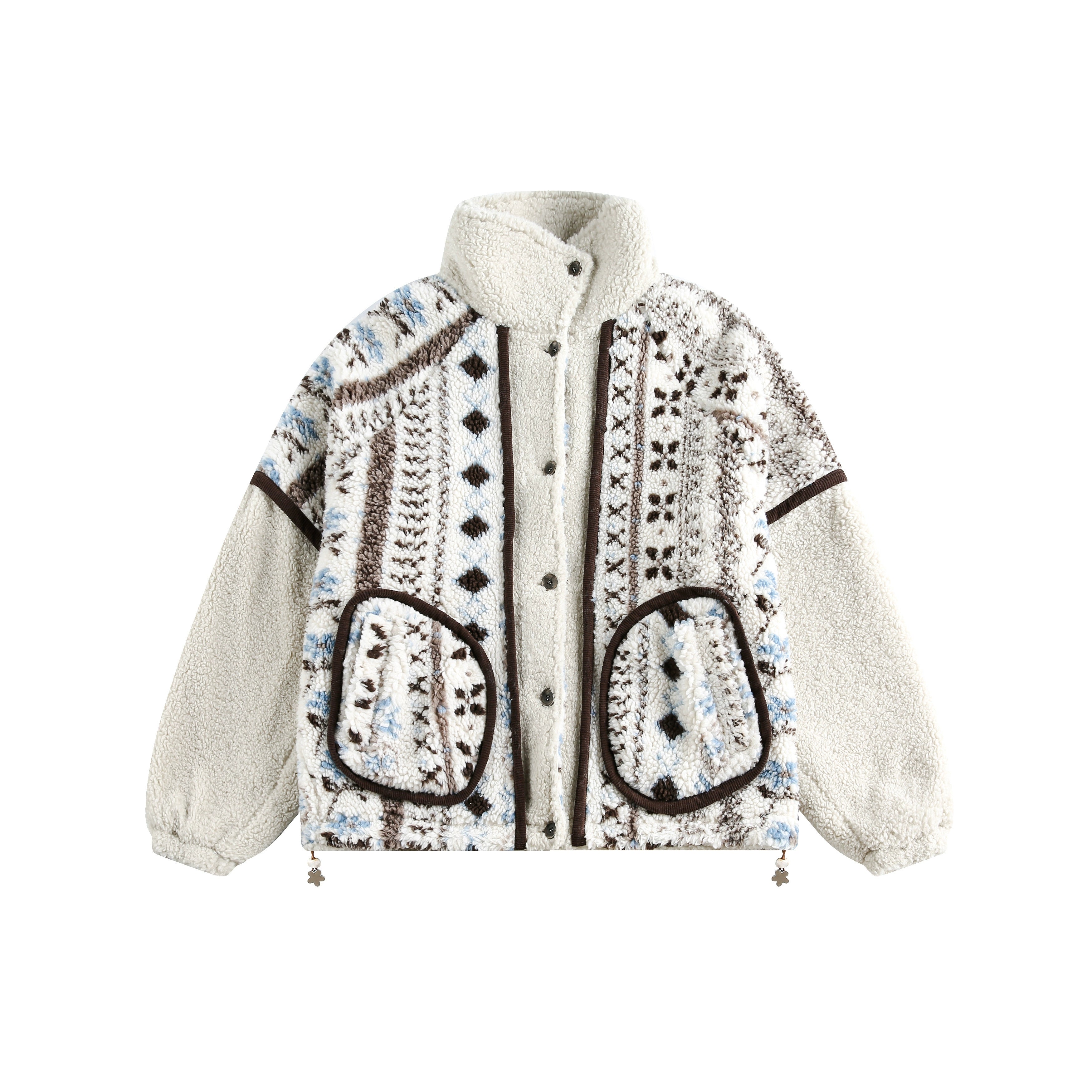 A vintage-inspired oversized sherpa jacket from Sanhoostudio, featuring thick warmth, soft texture, and a relaxed silhouette for cozy winter streetwear styling.