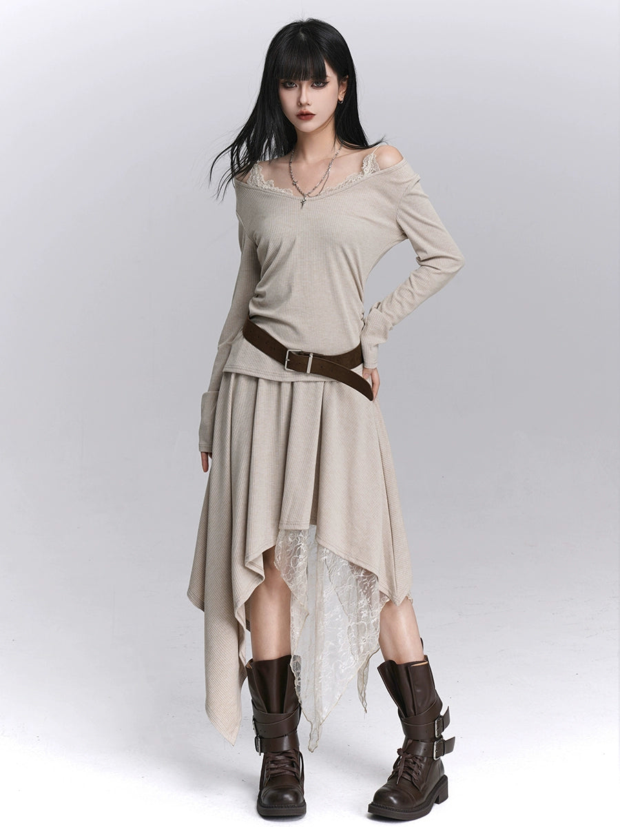 Discover Sanhoostudio’s early autumn two-piece skirt set with a unique off-shoulder top and irregular skirt. Ideal for chic layering, street fashion, and stylish day looks.