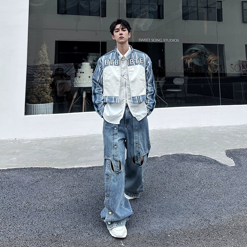 Button Detail Straight-Leg Ripped Wide-Leg Pants