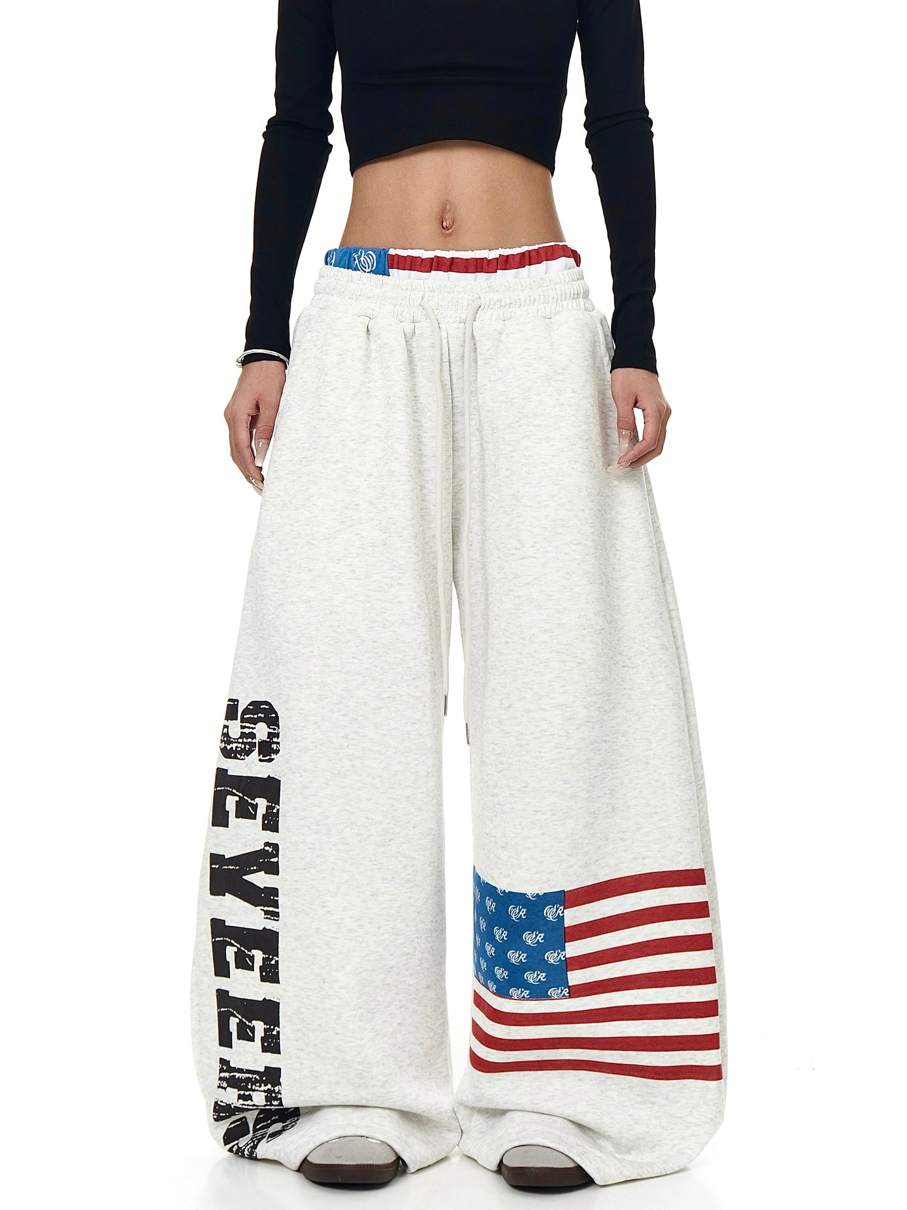 American Flag Print Wide-Leg Sweatpants