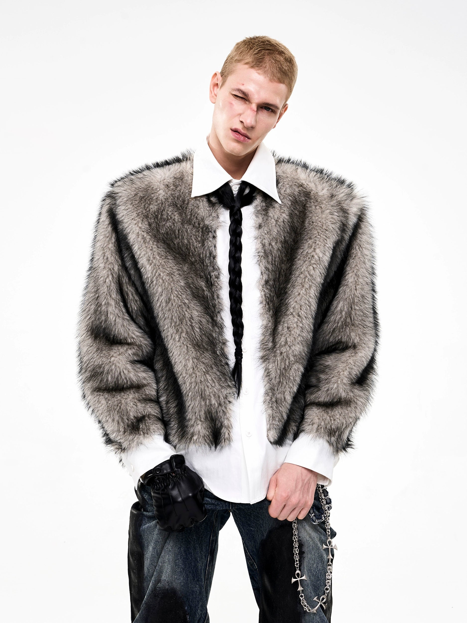 Faux Fur Patchwork Long Sleeve Shirt