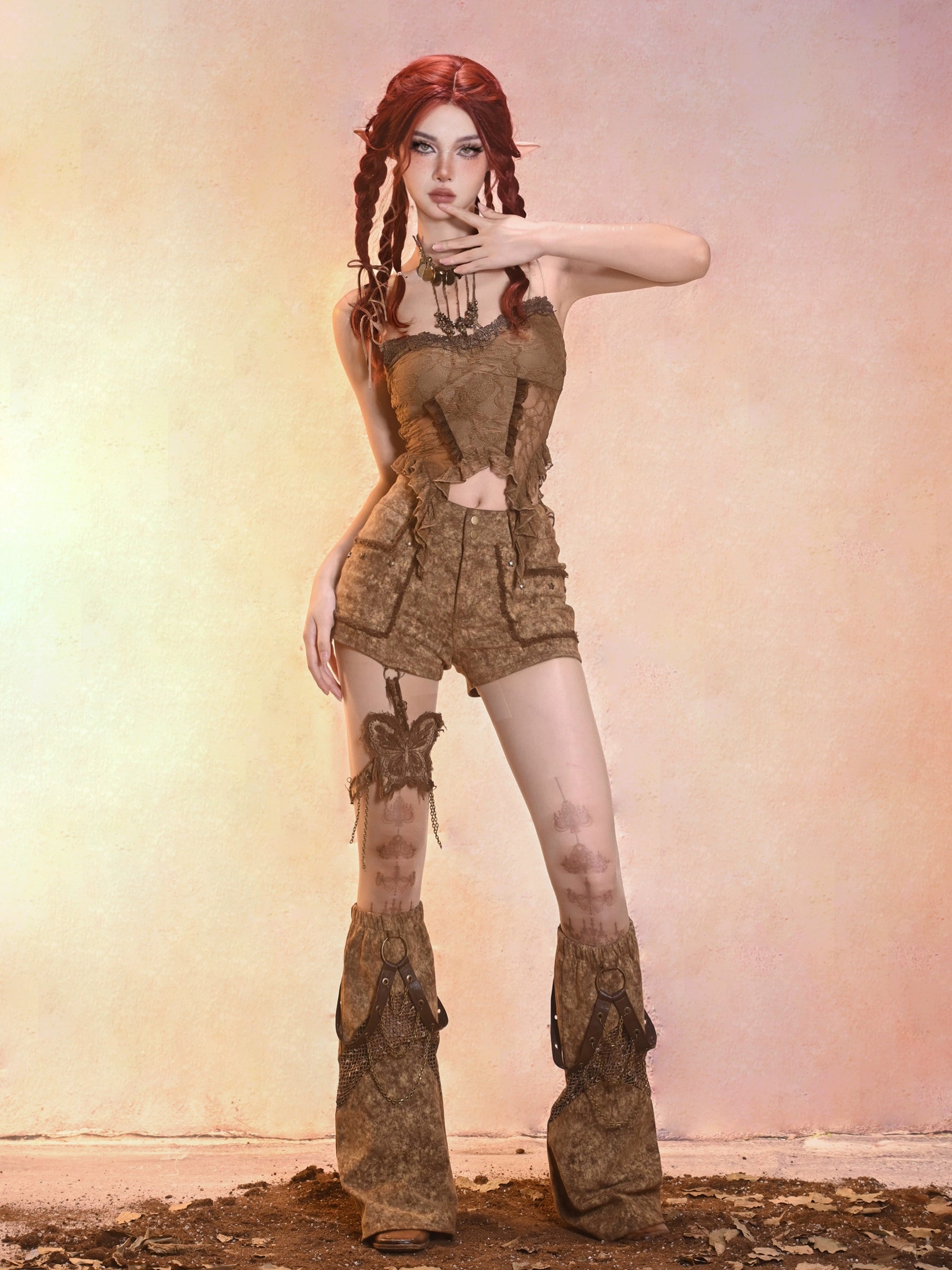 Sanhoostudio Lace Hollow Tank Top made from 100% polyester features retro punk style with lace cut-out details. Perfect for summer layering, streetwear, and casual festival outfits.