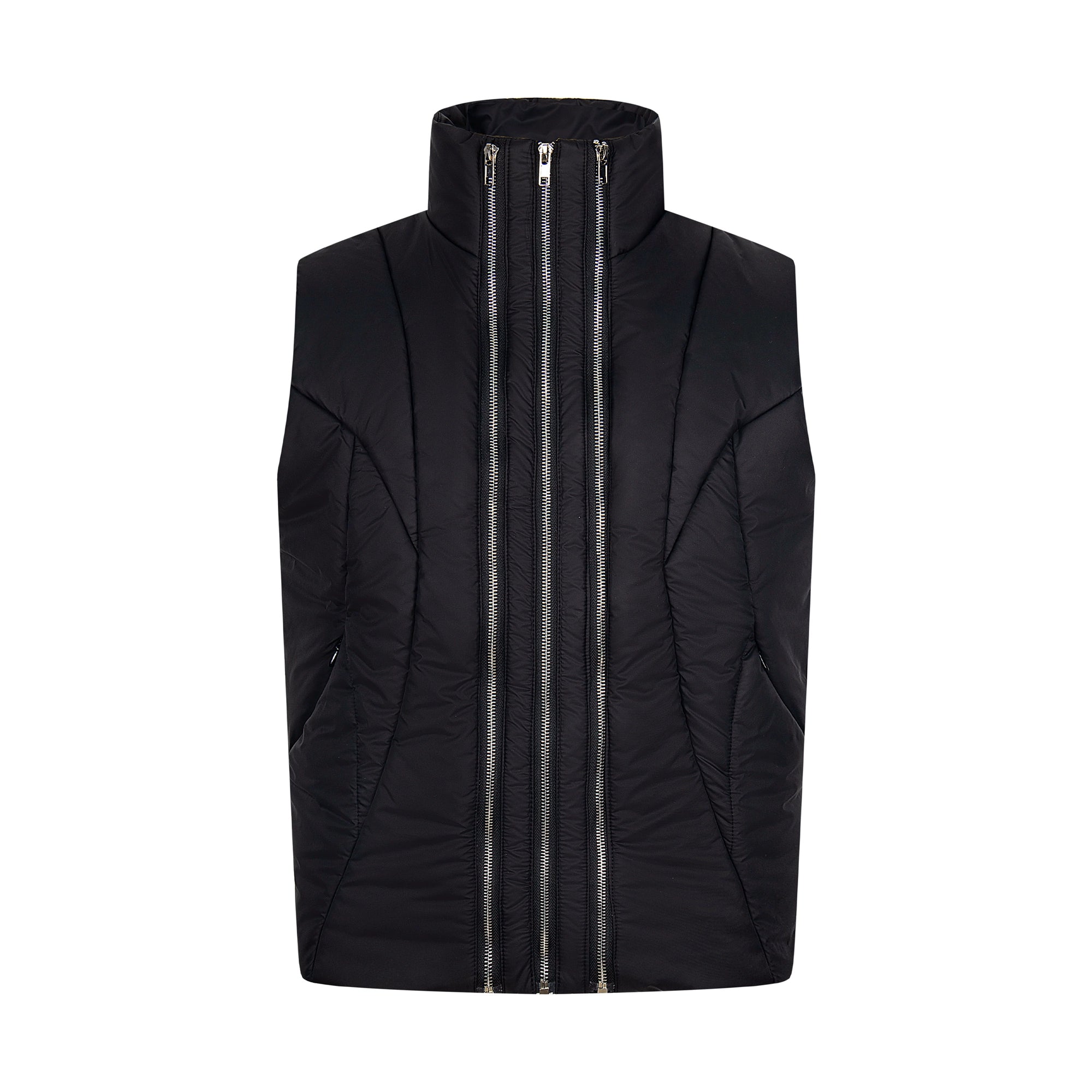 A functional tech-style puffer vest with deconstructed paneling and a bold zip-up design. Unisex, versatile, and perfect for layering in winter. High-street utility wear from Sanhoostudio.