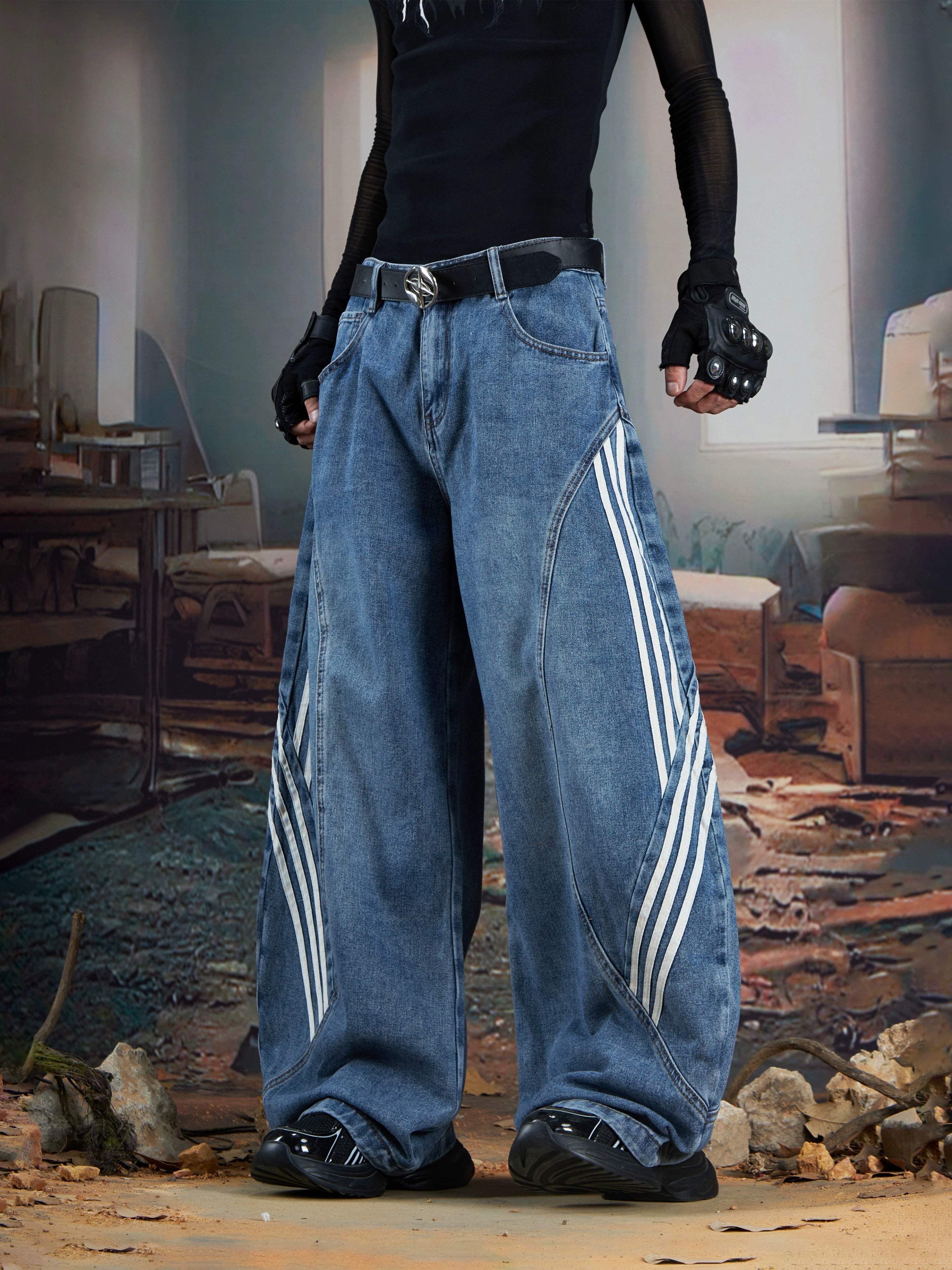 Three-Stripe Deconstructed Wide-Leg Denim Streetwear Pants
