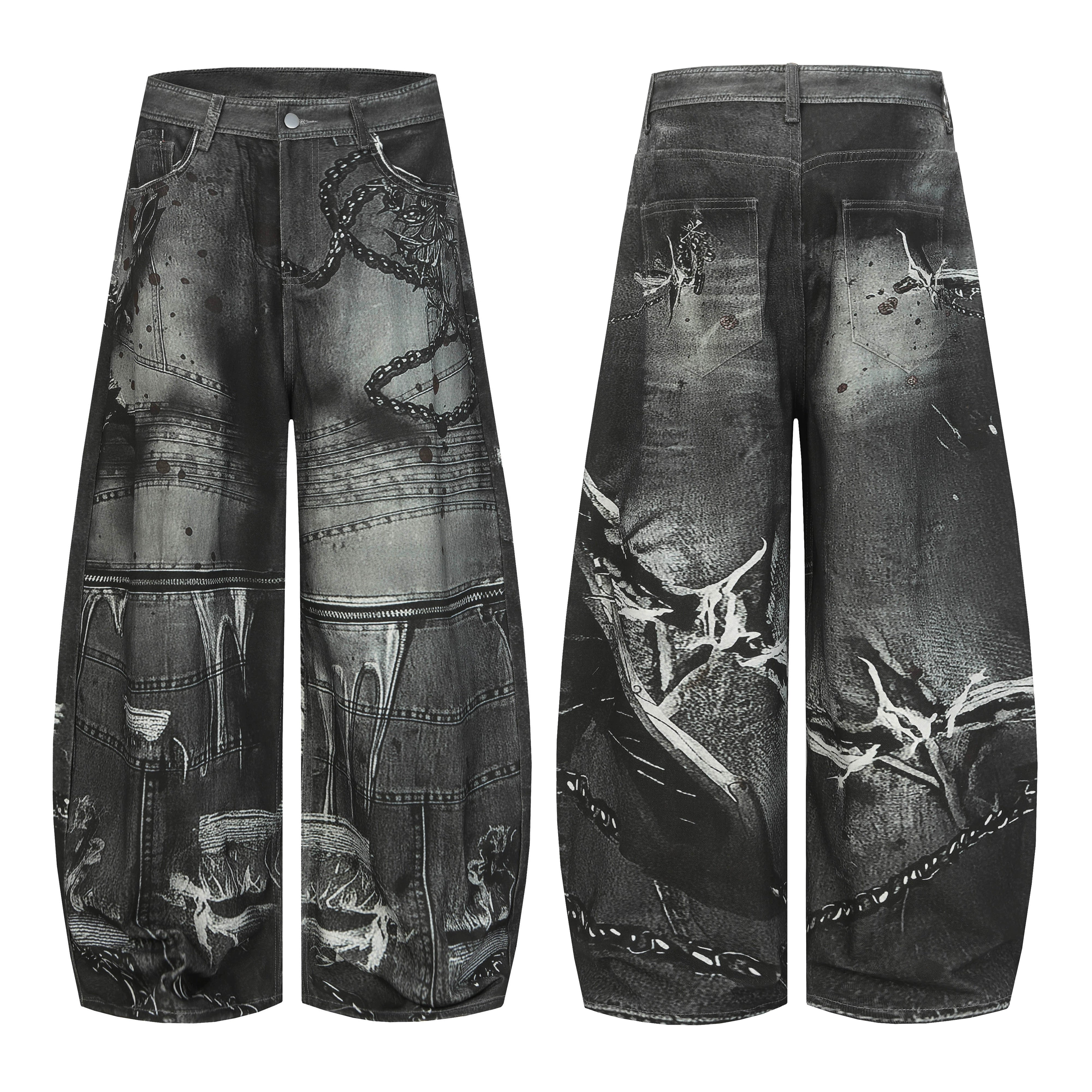 3D Chain-Print Deconstructed Punk Wide Blade-Leg Pants