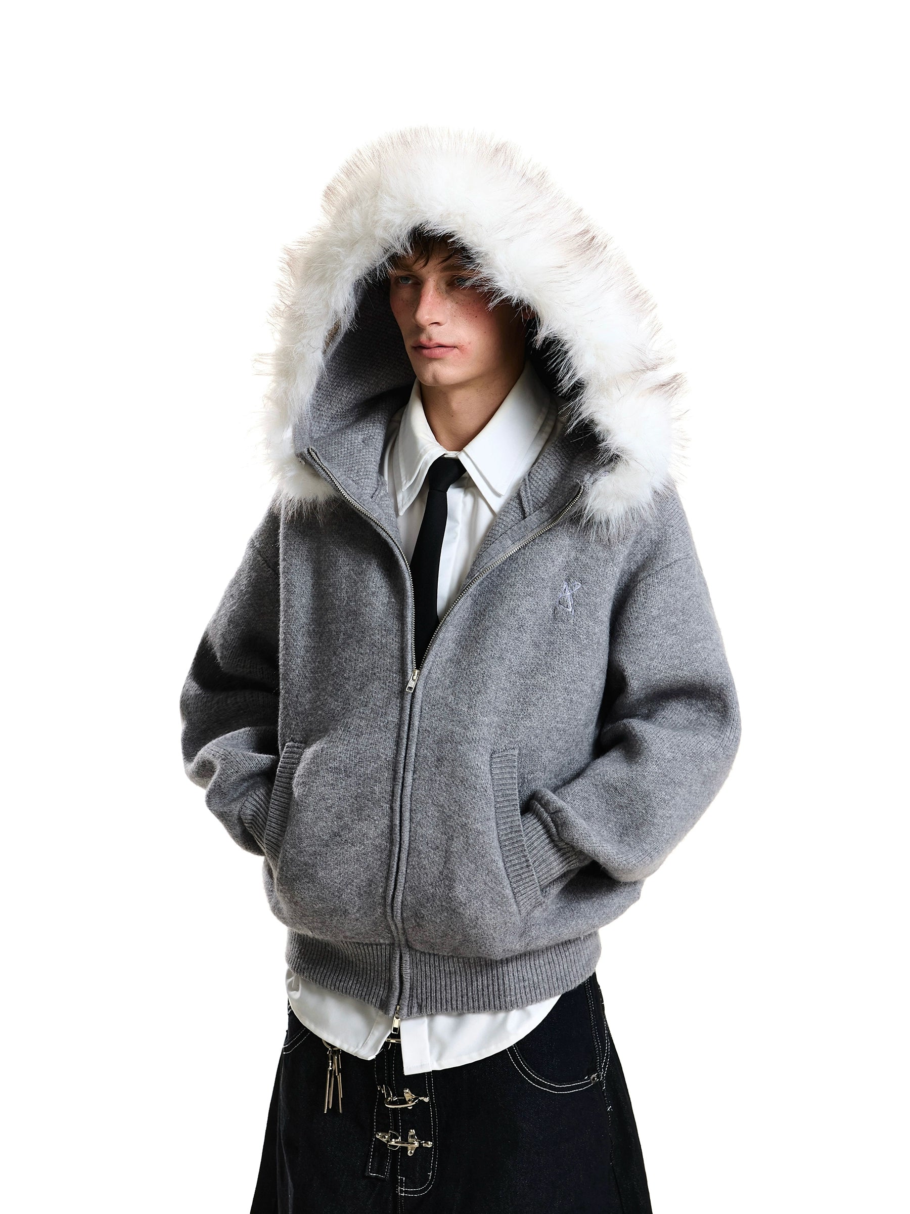 Heavy-Knit Fur Hood Relaxed Winter Cardigan