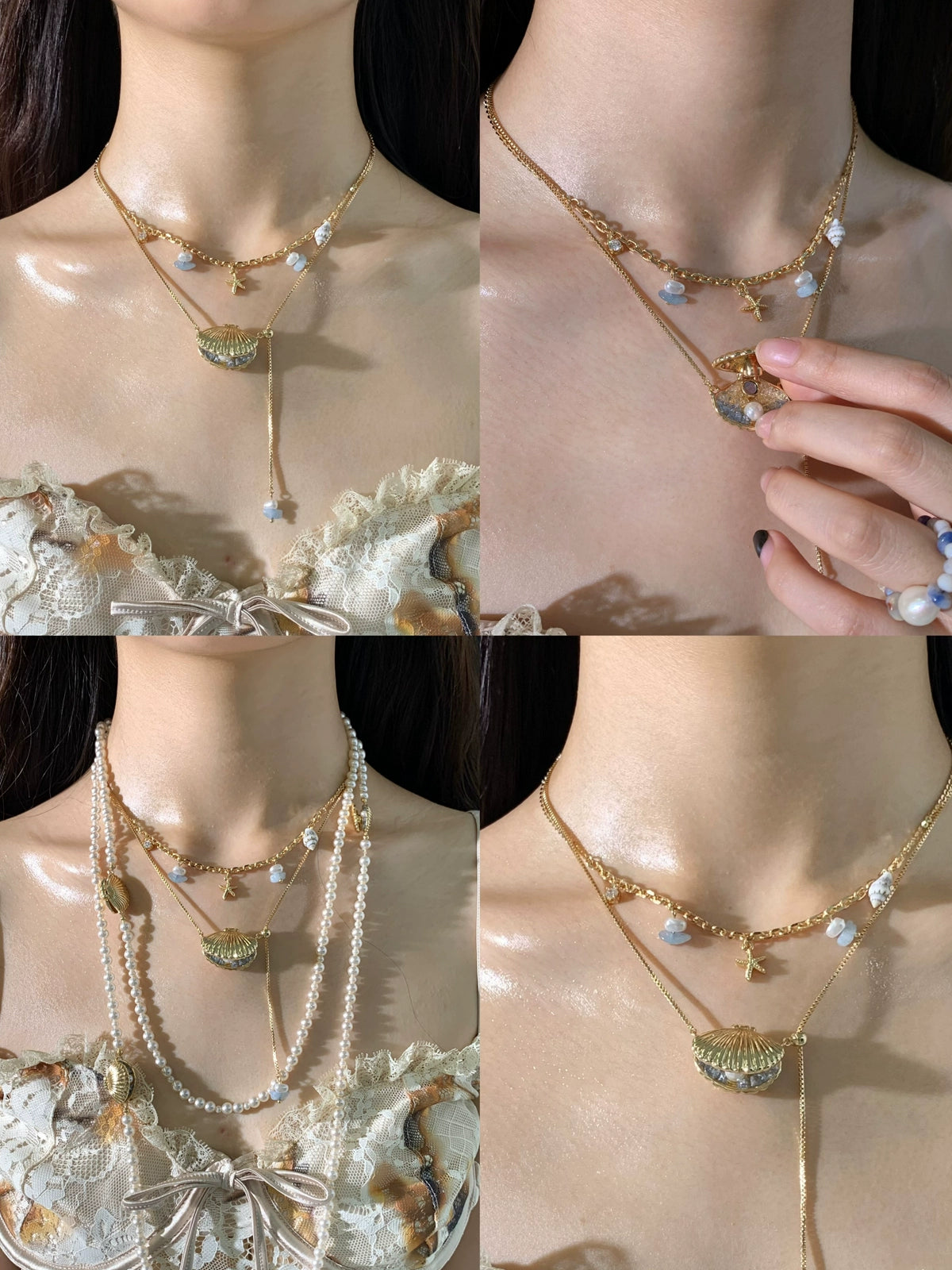 Inspired by seaside elegance, Sanhoostudio’s golden shell necklace combines coastal charm and luxury tones — a must-have for resort or vacation wear.