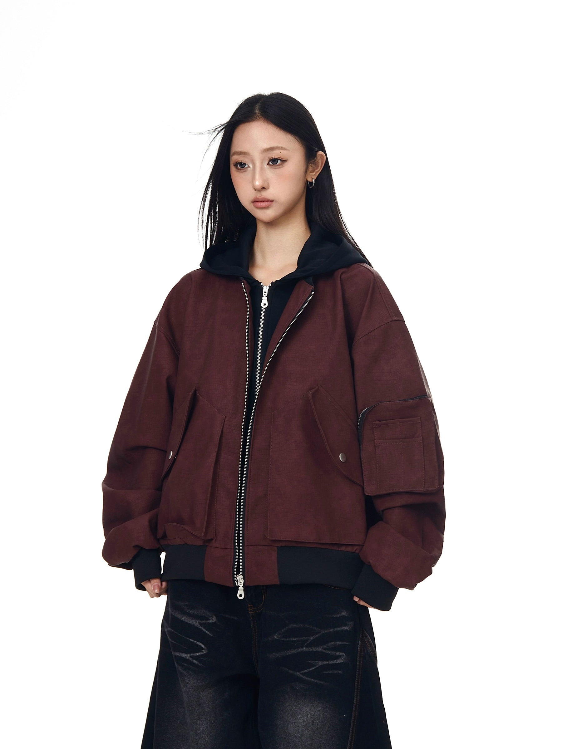 Multi-Pocket Layered Leather Bomber Jacket