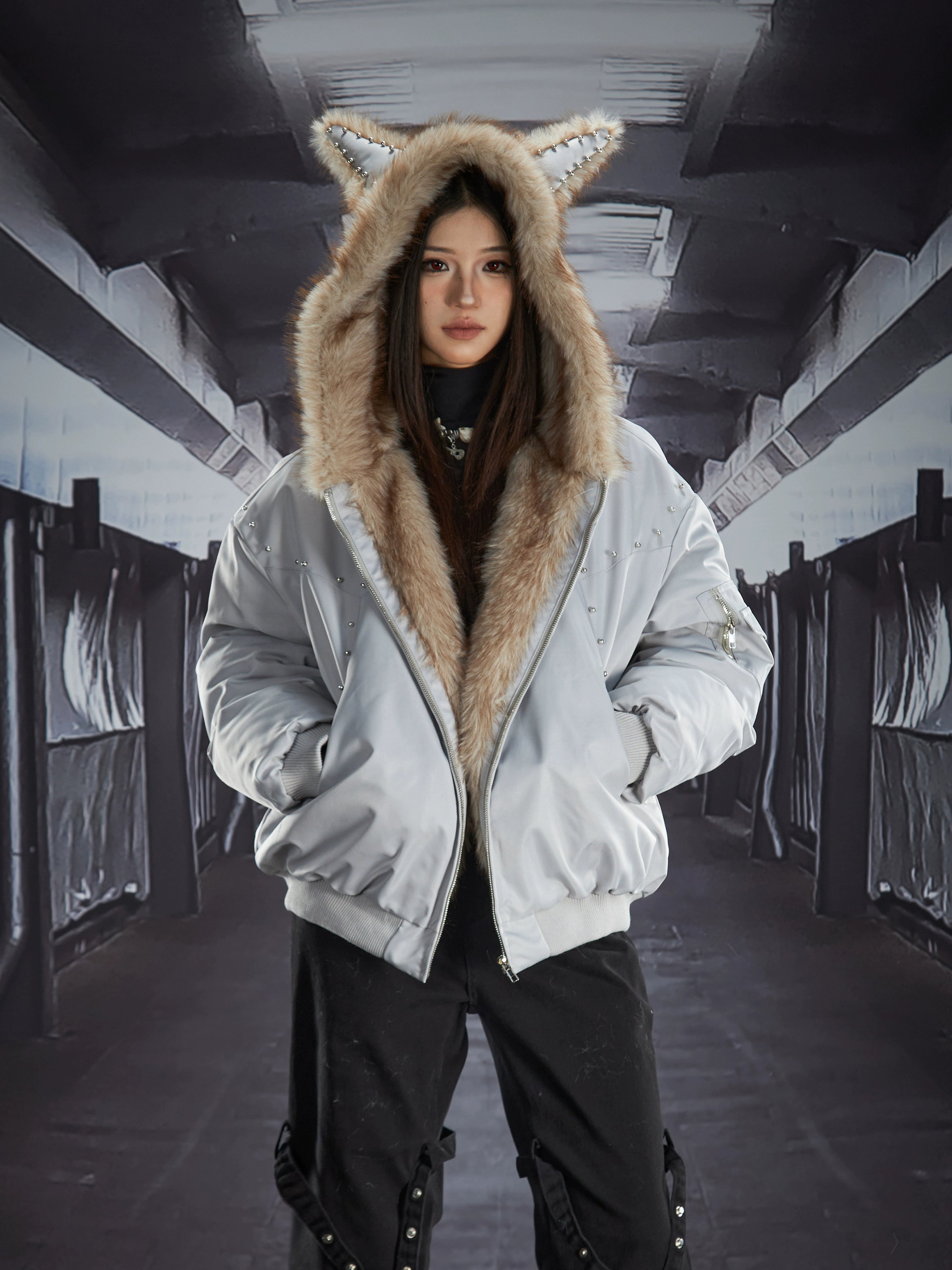Furry Ear Hooded Studded Oversized Winter Puffer