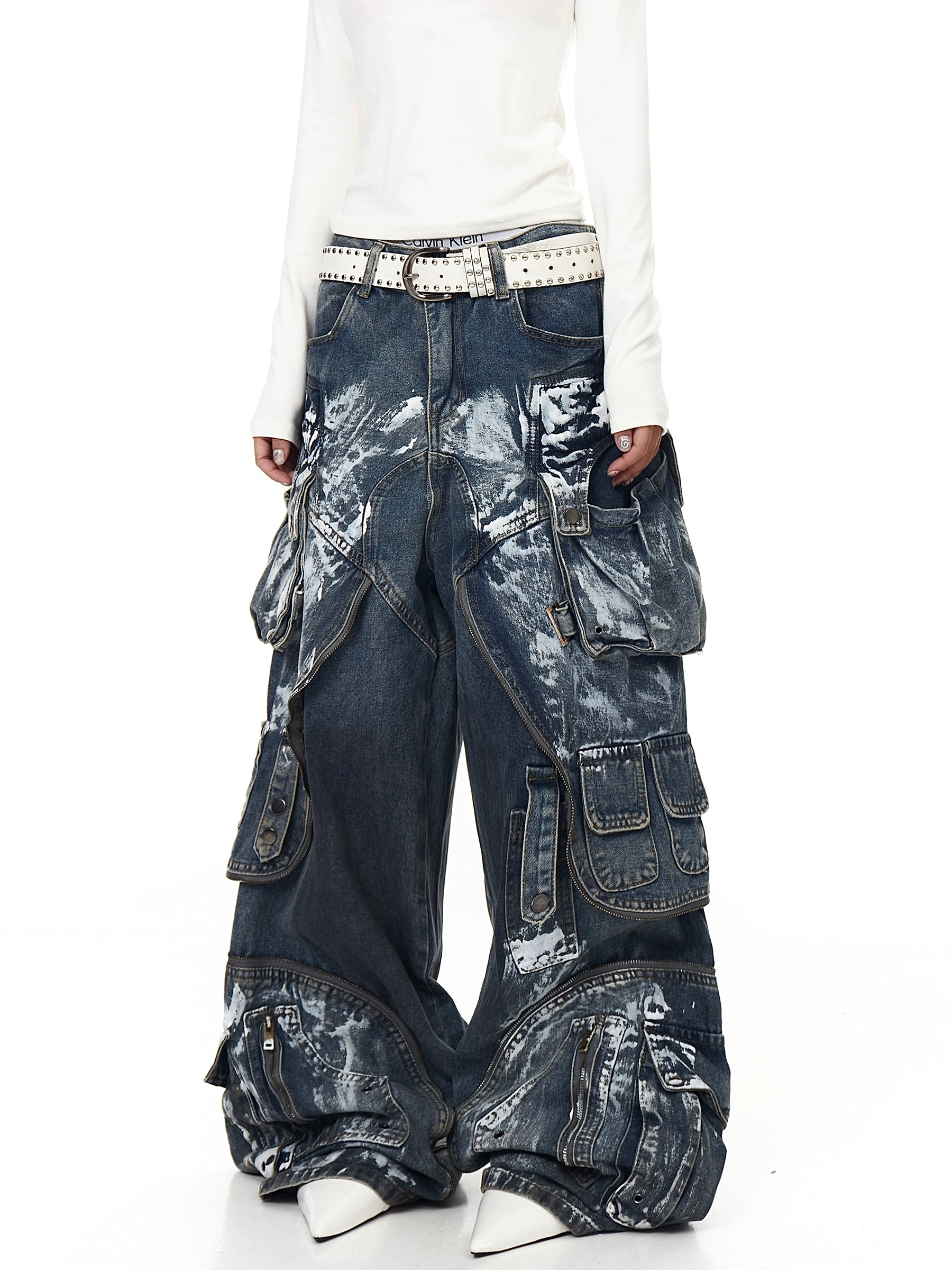 Heavy Graffiti Painted Cargo Denim Pants with Multi Pockets